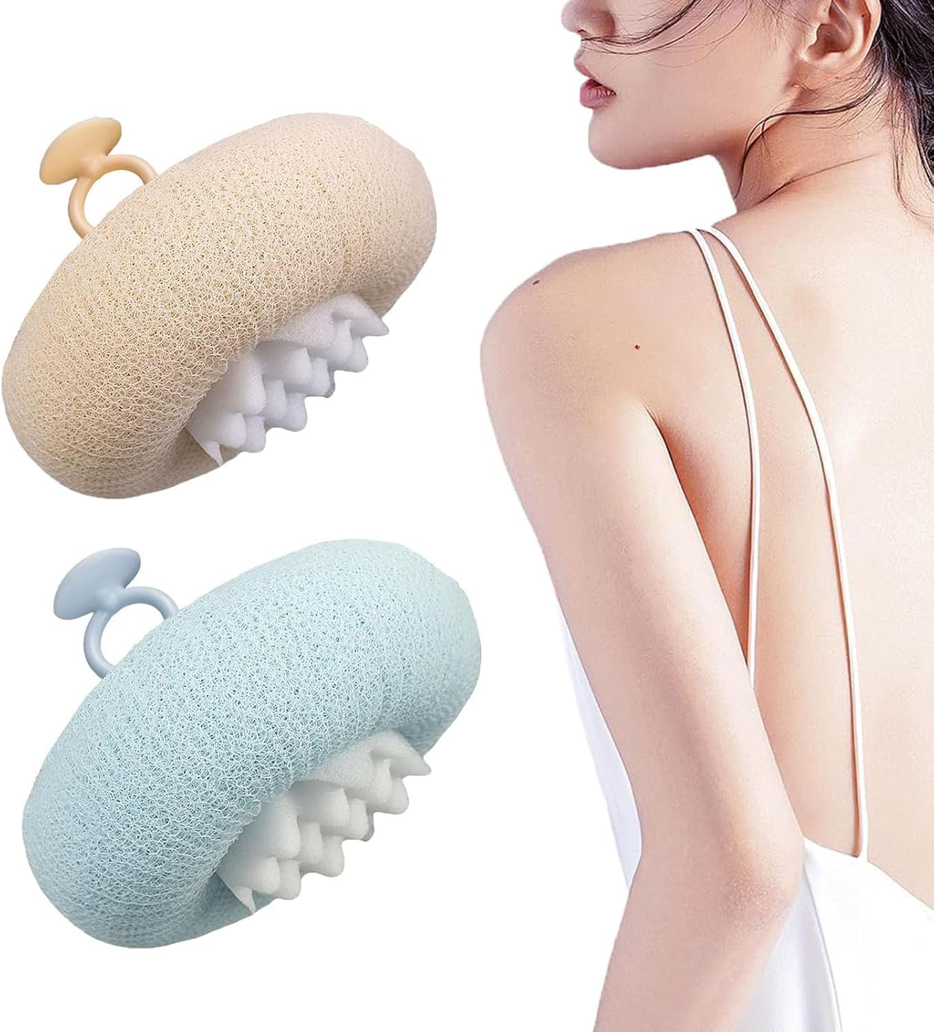 Upgrade 2-In-1 Sunflower Bath Ball, Super Soft Sunflower Suction Cup Bath Ball, 2-In-1 Exfoliating Bath Sponge Cleaning Brush with Suction Cup, Shower Sponges for Women Men (Beige+Blue)