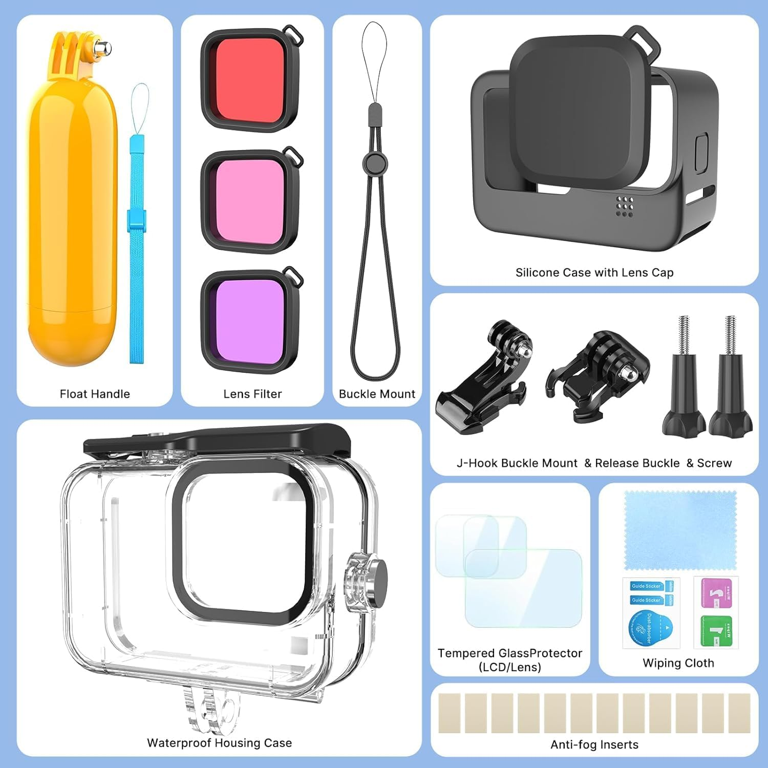 Zarmanuae 196FT/60M Underwater Waterproof Case Accessories Kit for Gopro Hero 13 12 11 10 9 Black, Protective Housing Dive Kit with Float Handle Silicone Sleeve Lens Cap Filters Anti-Fog Inserts image number 6