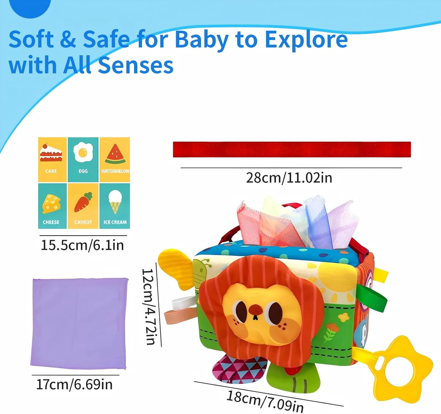 Baby Toys - Baby Tissue Box Toy, Montessori Toys for Toddlers 6-12 Months with Textured Tails, Cloth Tissues, Crinkle, Squeaky Sounds, Mirror - Gifts Play Silks Sensoy Scarves for Babies image number 4