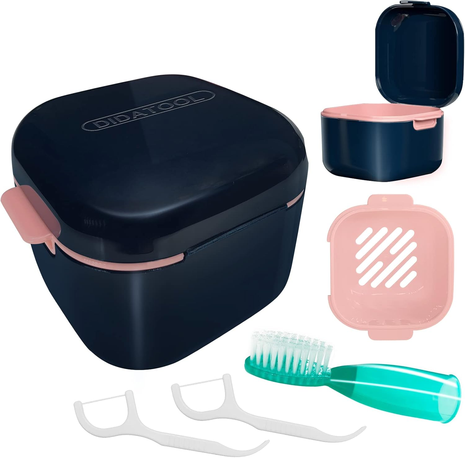 Retainer Case, Denture Bath, Denture Cups for Soaking Dentures, Denture Pots with Lid, Easy to Carry and Clean Denture Case with Removable Rinse Basket and Finger Toothbrush