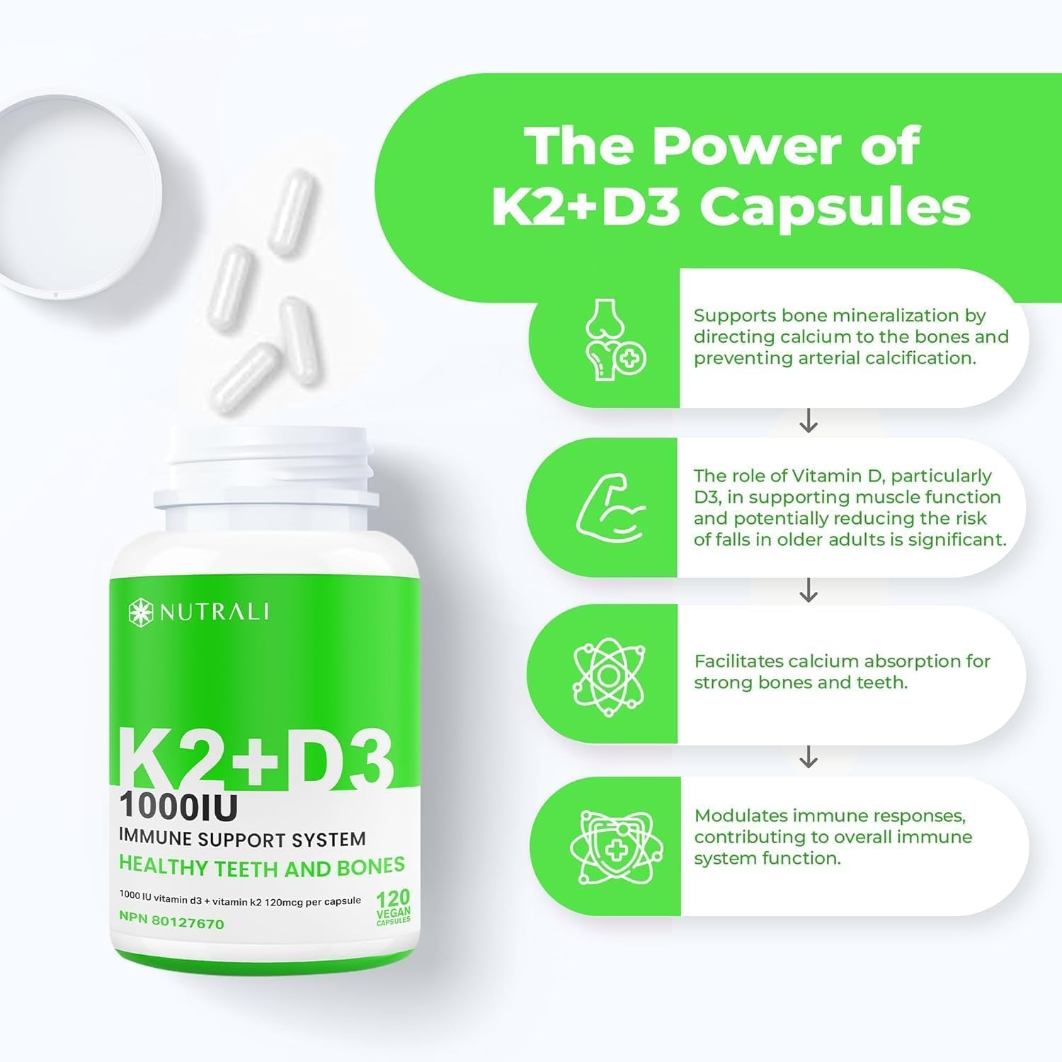 New MAXIMUM STRENGTH Vitamin D3 + K2 Supplement &ndash; 1000IU / 120Mcg, Healthy Teeth and Bones, Immunity Support, MK-7 Form, Calcium Metabolism, Gluten Free. 120 Vegan Capsules. image number 6