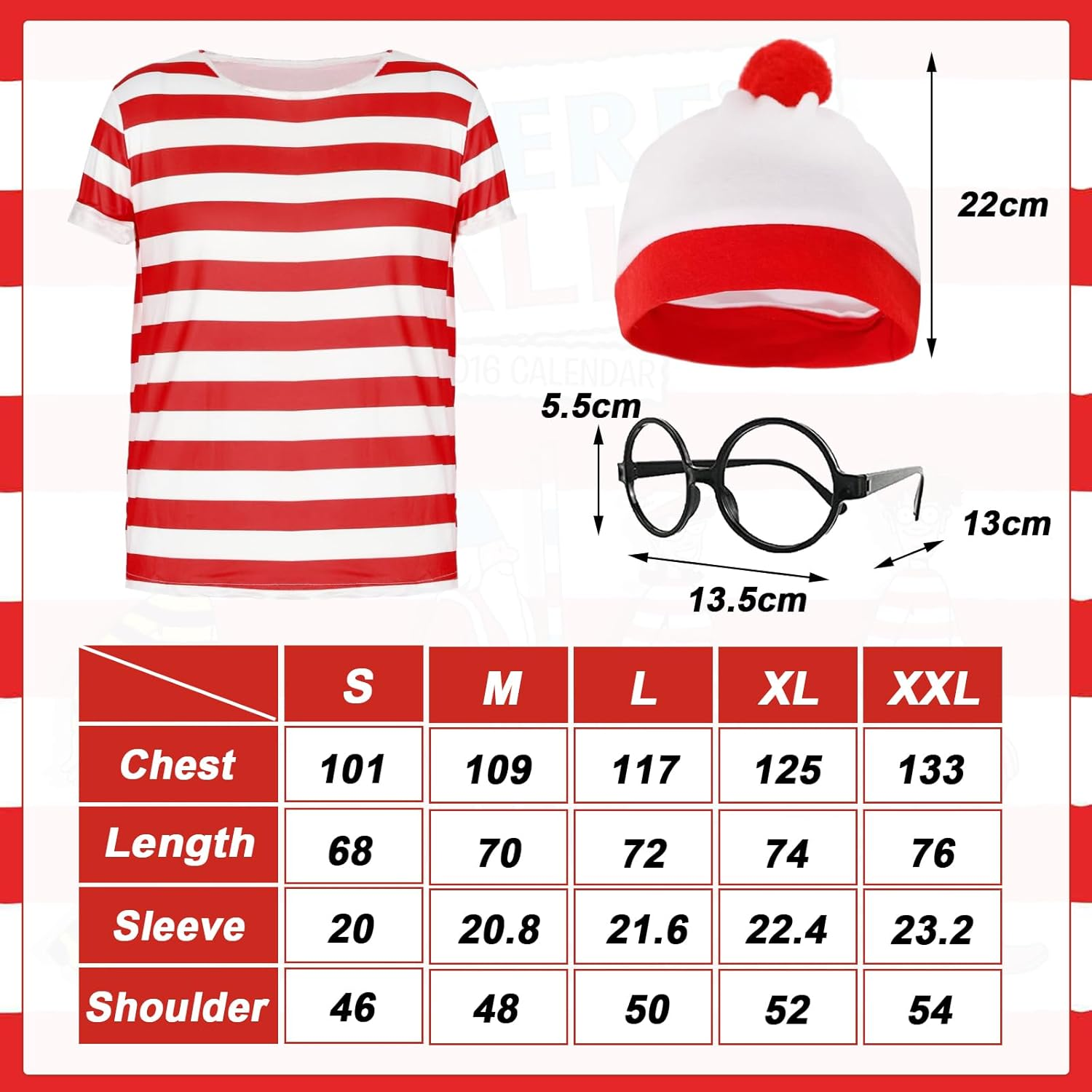 Wally Costume Cosplay Accessories Set with Red and White Striped T-Shirt, Beanie Hat, Black Nerd Glasses Fancy Dress for Adult, Kids World Book Day, Halloween，School Dress up Day image number 6