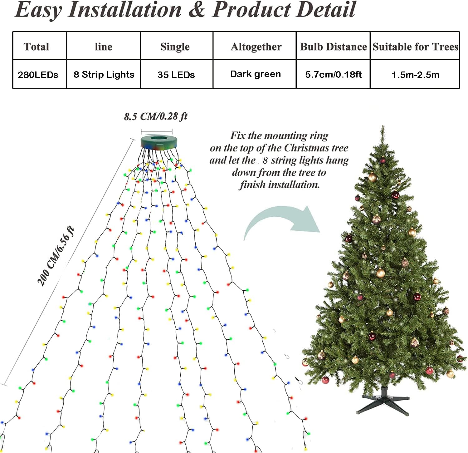 Christmas Tree Lights 280 LED, 2M X 8 Lines Easy to Install Christmas String Lights with 8 Modes, Christmas Decorations Christmas Lights for 1.8M - 2.4M Xmas Tree - Multicolor - Multi-Colored image number 4