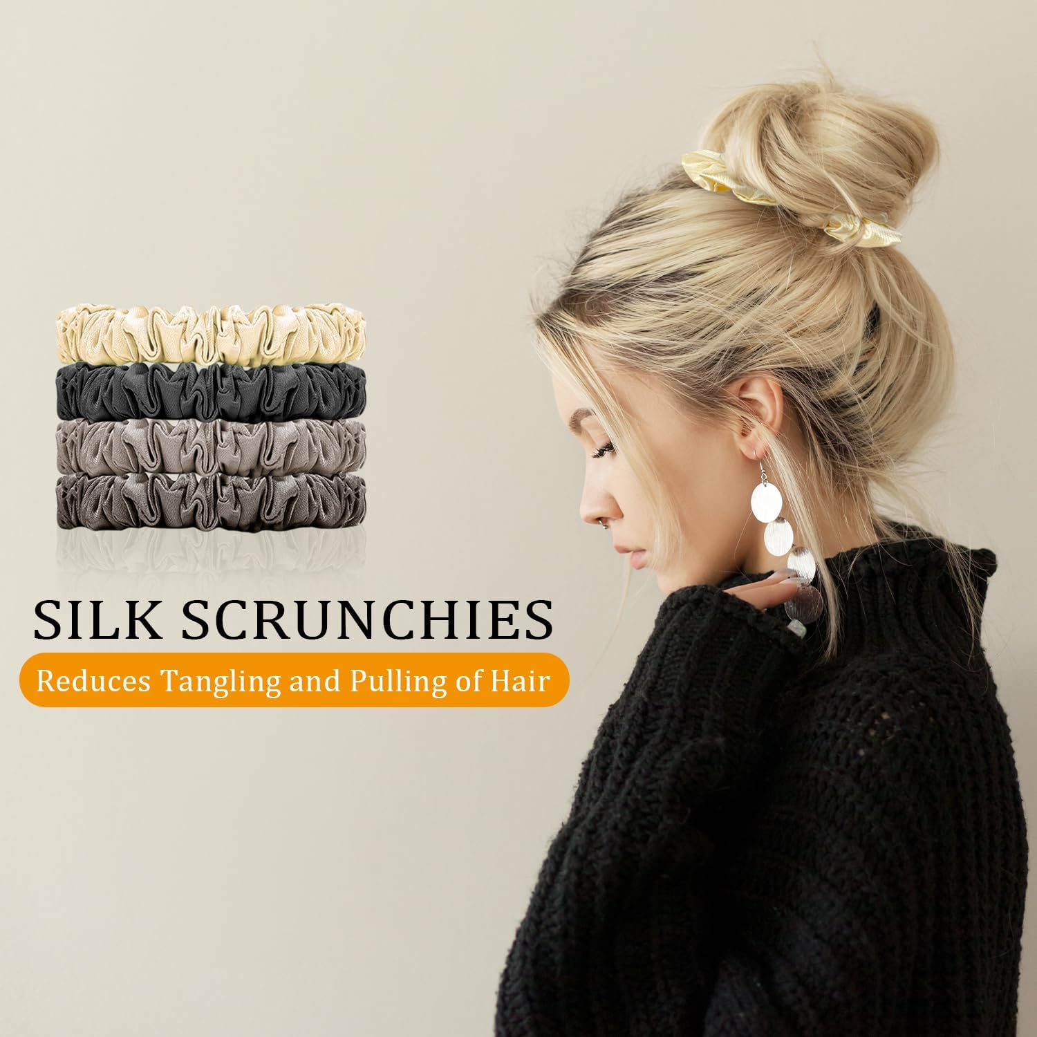 ARWIG 4 Pcs Silk Scrunchies | Silk Hair Ties | Satin Scrunchies | Elastic Hair Bands | Hair Bobbles | Hair Scrunchies for Women | Hair Ties No Damage (Black Khaki Coffee Beige