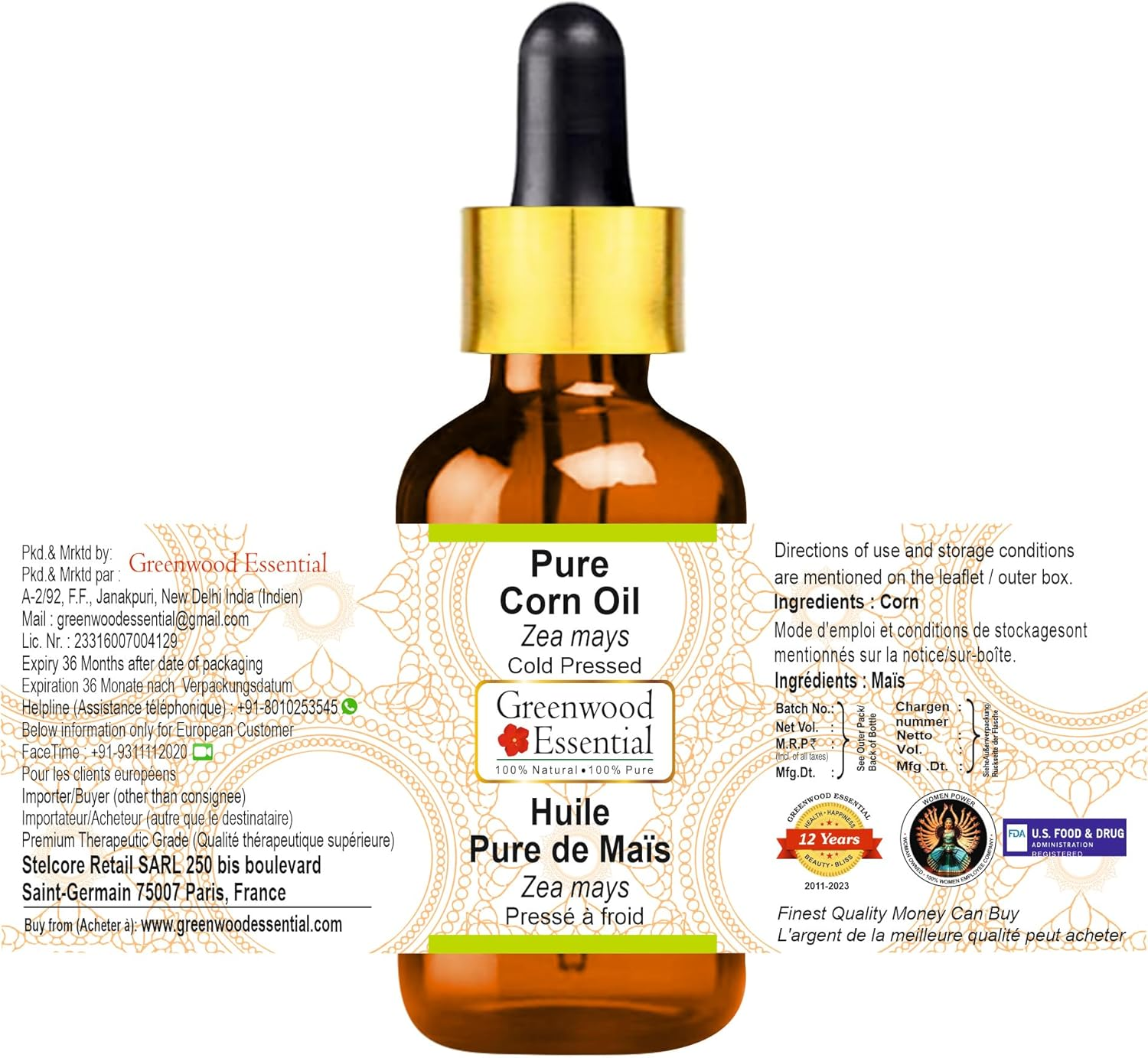 Greenwood Essential Pure Corn Oil (Zea Mays) with Glass Dropper Cold Pressed 50Ml (1.69 Oz) image number 3