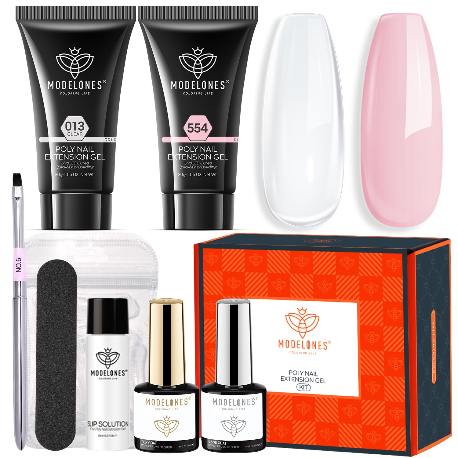 Modelones Poly Nail Gel Kit - 30ML 2 Colors Clear Nude Pink Extension Gel with Slip Solution Builder Enhancement Starter All-In-One Technician French Art DIY Home