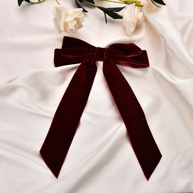 Velvet Bows for Girls Red Ribbon Bow Hair Clip Long Tail French Hair Barrettes for Women Velvet Christmas Bows for Hair Dark Red Bow Hair Accessories for Toddlers Alligator Clip image number 1