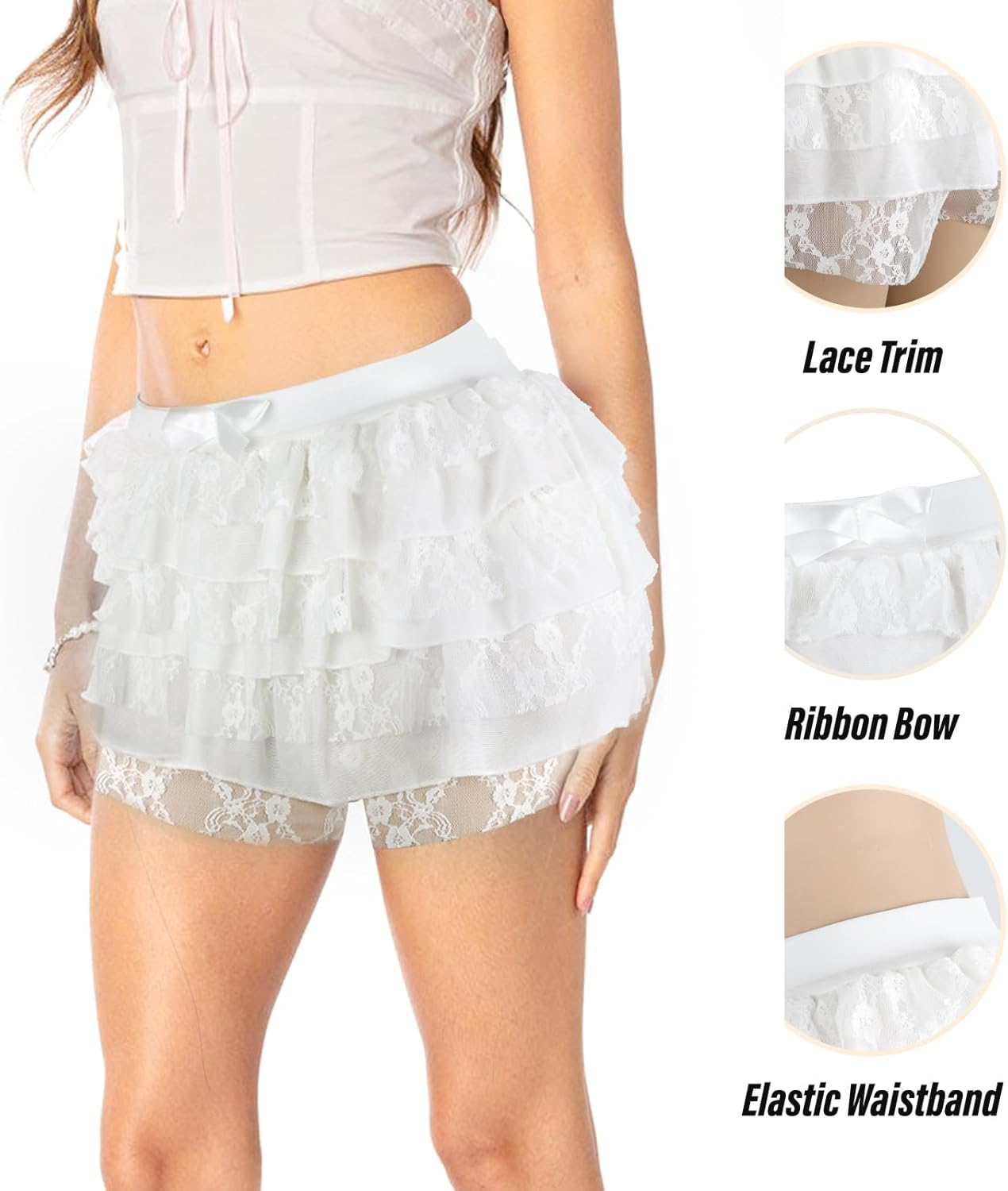 Women Ruffle Shorts Ruffle Shorts with Mid-Rise and Multi-Layer Lace Design,Women Frilly Shorts Bloomer Short for Homewear image number 5