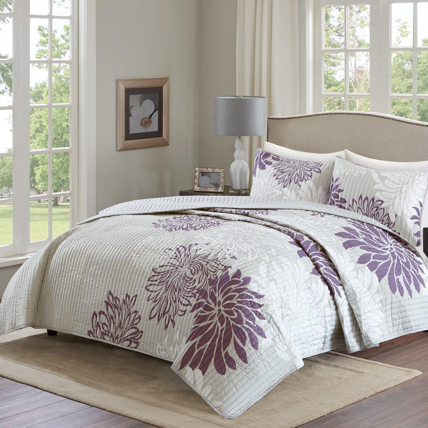 Comfort Spaces CS14-0066 Enya 3 Piece Quilt Coverlet Bedspread Ultra Soft Floral Printed Pattern Bedding Set, King, Purple-Grey image number 6