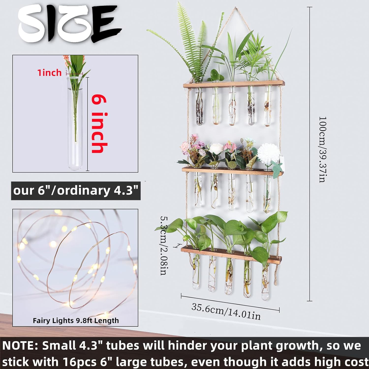 MYFINCA Propagation Stations Wall Hanging Planter Terrarium with LED Lights & Wooden Stand Propogation Planters Glass Tube Vase for Hydroponic Plant Cutting Flower, Home Decor (3Tier 16Tubes) image number 3
