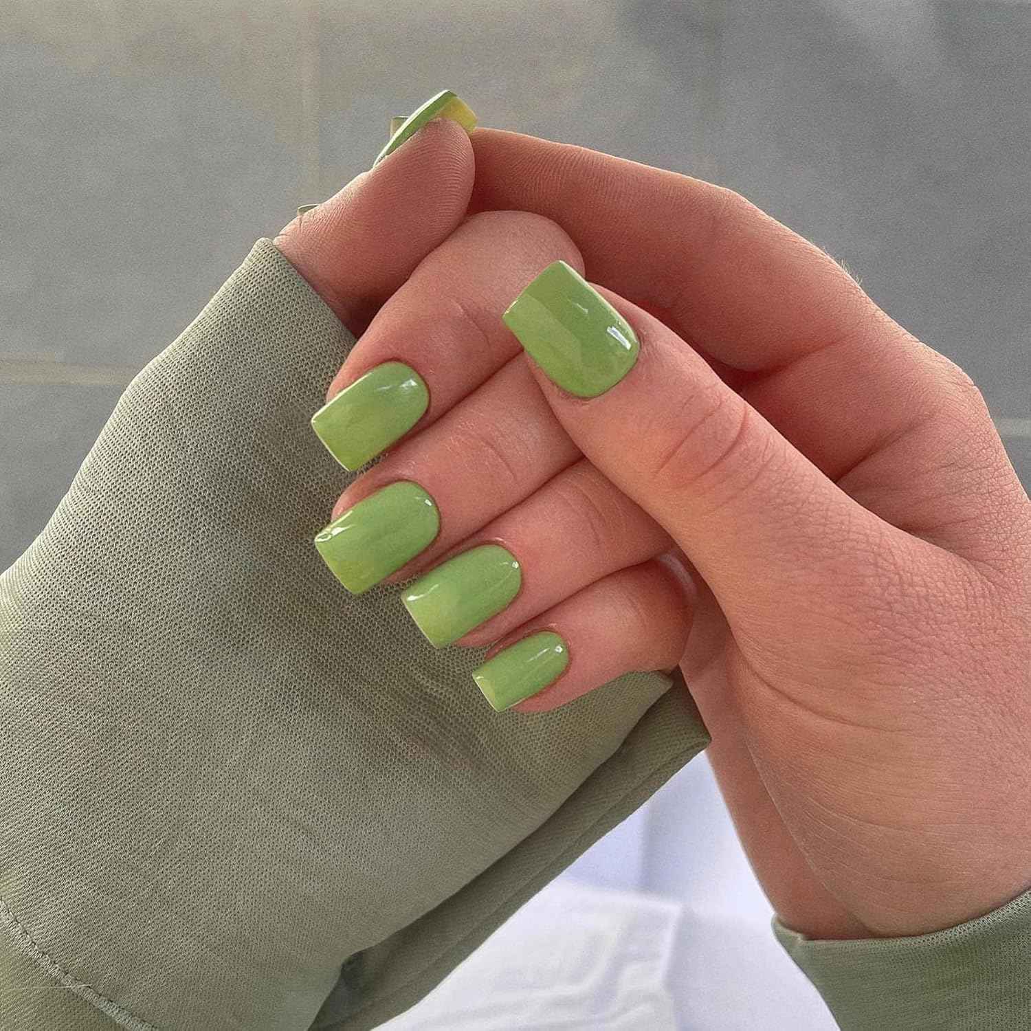 KXAMELIE Feather Light Green Nails for Gluing Medium Short Square Nail Studio Coffin Fake Nails Plain Seamless Soft Gel Fingernails for Women and Girls Press-On image number 5