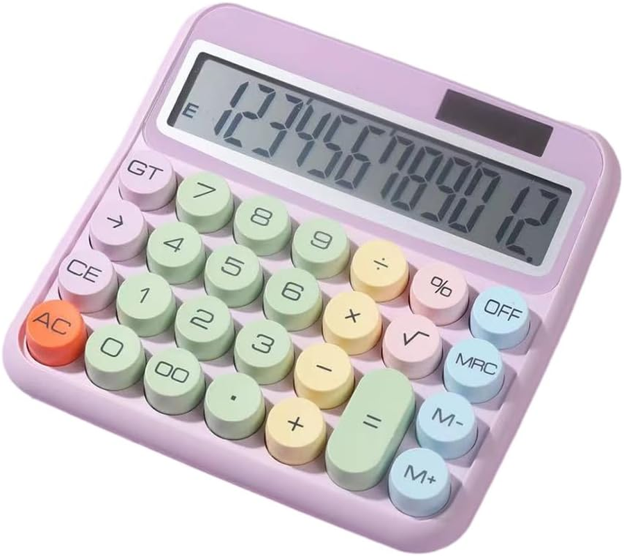 Mechanical Calculator 12 Digit Large LCD Display Big round Button 15&deg;Tilt Screen Cute Candy Colored Dual Power Supply Calculator Suitable for Office School Home for Students Accountant Purple image number 6