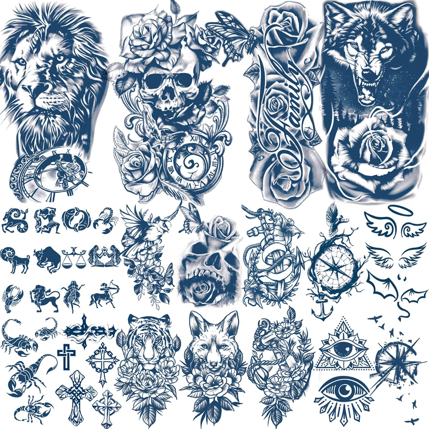 18 Sheets of Semi-Permanent Tattoos for Women, 4 Sheets of Large Flowers, Dark Blue Fake Tattoos and 14 Sheets of Small Tattoos for 1-2 Weeks, Waterproof Temporary Tattoo