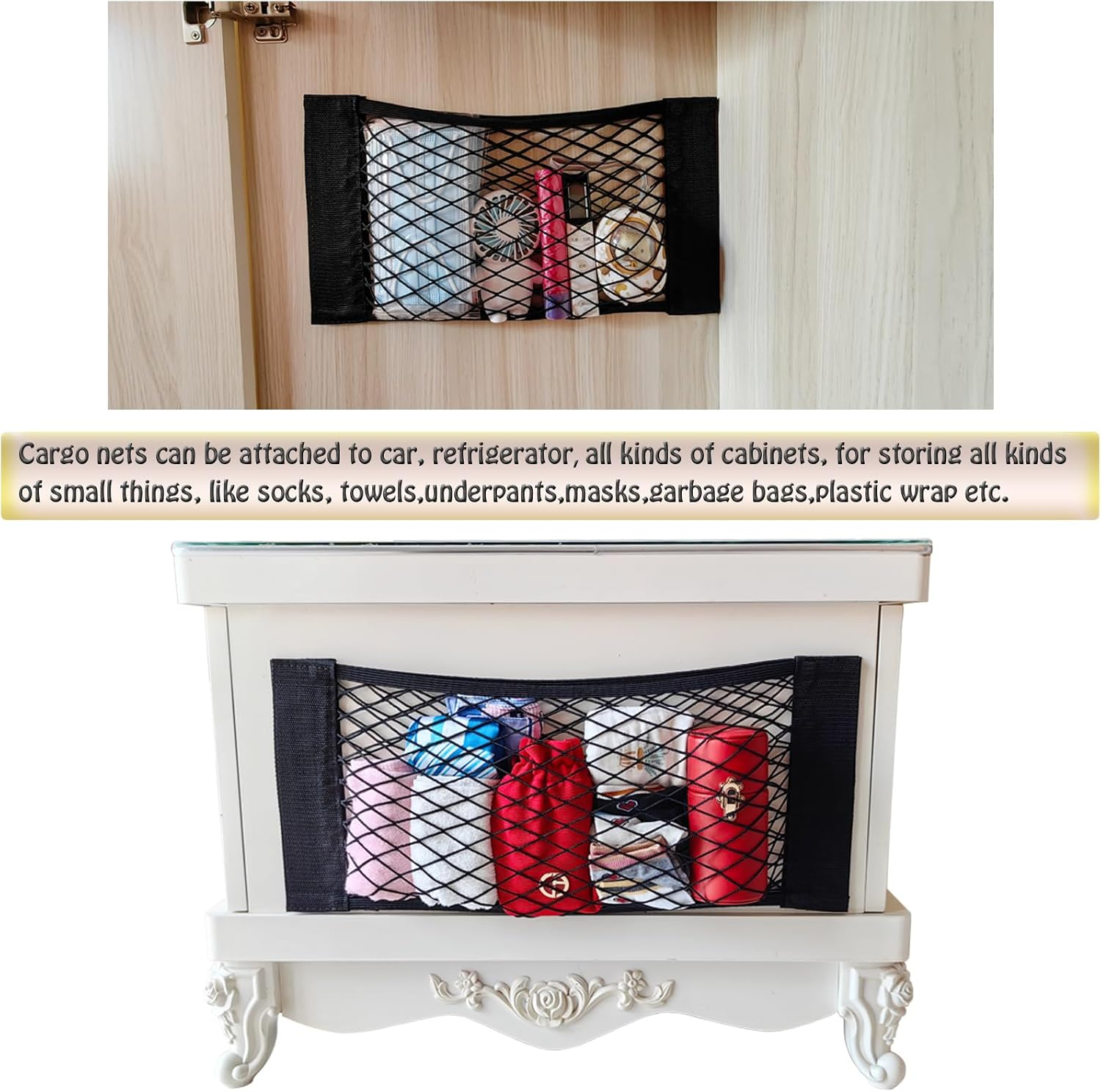 XIWUMOER 4Pack Automotive Cargo Net Car Storage Wall Sticker Organizer Pouch Bag Elastic Mesh Pocket with Tape Stickers for Trunk Organizer Holder for Cabinet Organize 4PCS (Same Size) - 4Pcs (Same Size) image number 2