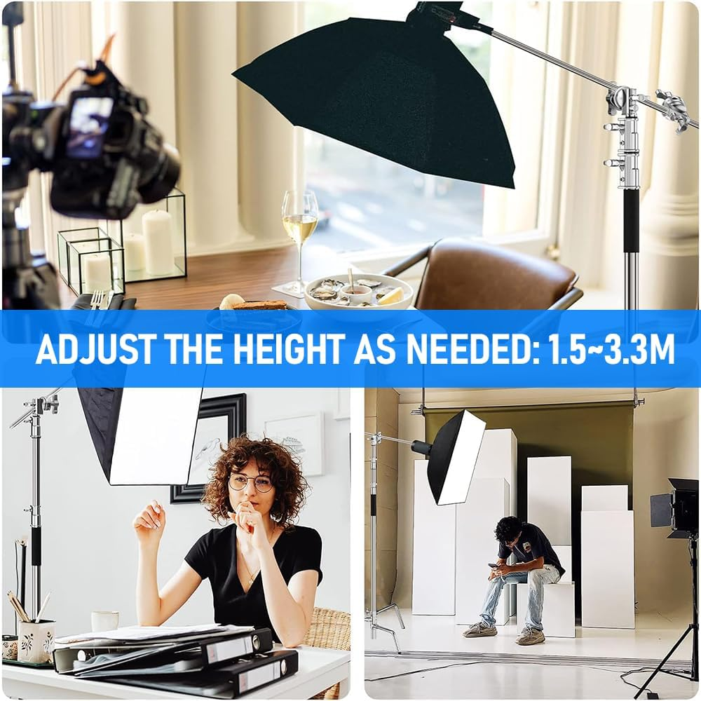 Studio Light Stand Heavy Duty Stainless Steel C Stand 1.5-3.3M Adjustable Light Stand, Photography Light Stand with Boom Arm Grip Head Sandbag, for Reflectors Softboxes Monolights Umbrellas image number 1