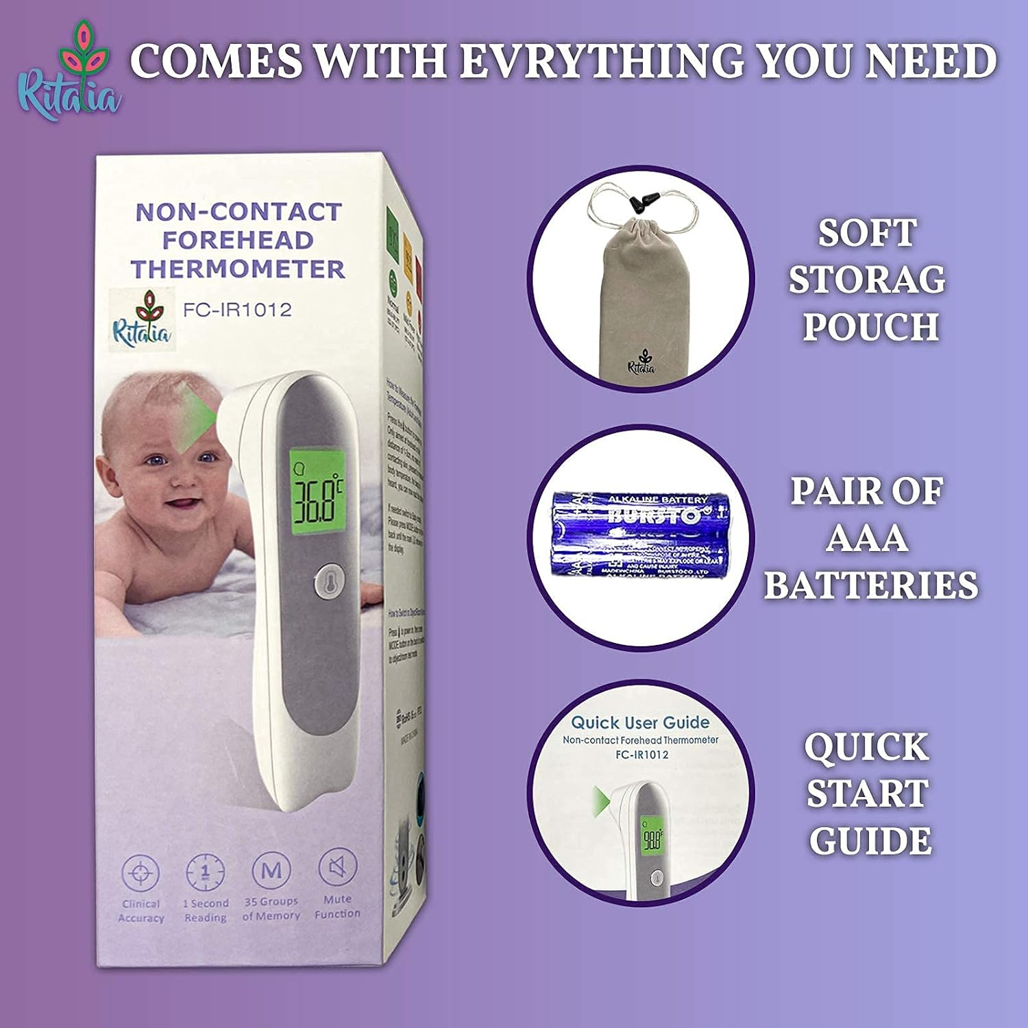 Baby Thermometer Ritalia&reg; Digital Forehead Thermometer Non-Touch for Adults and Kids - Accurate Infrared Sensors for Clinically Readings Less than 1S - LCD Screen 3 Colors image number 2