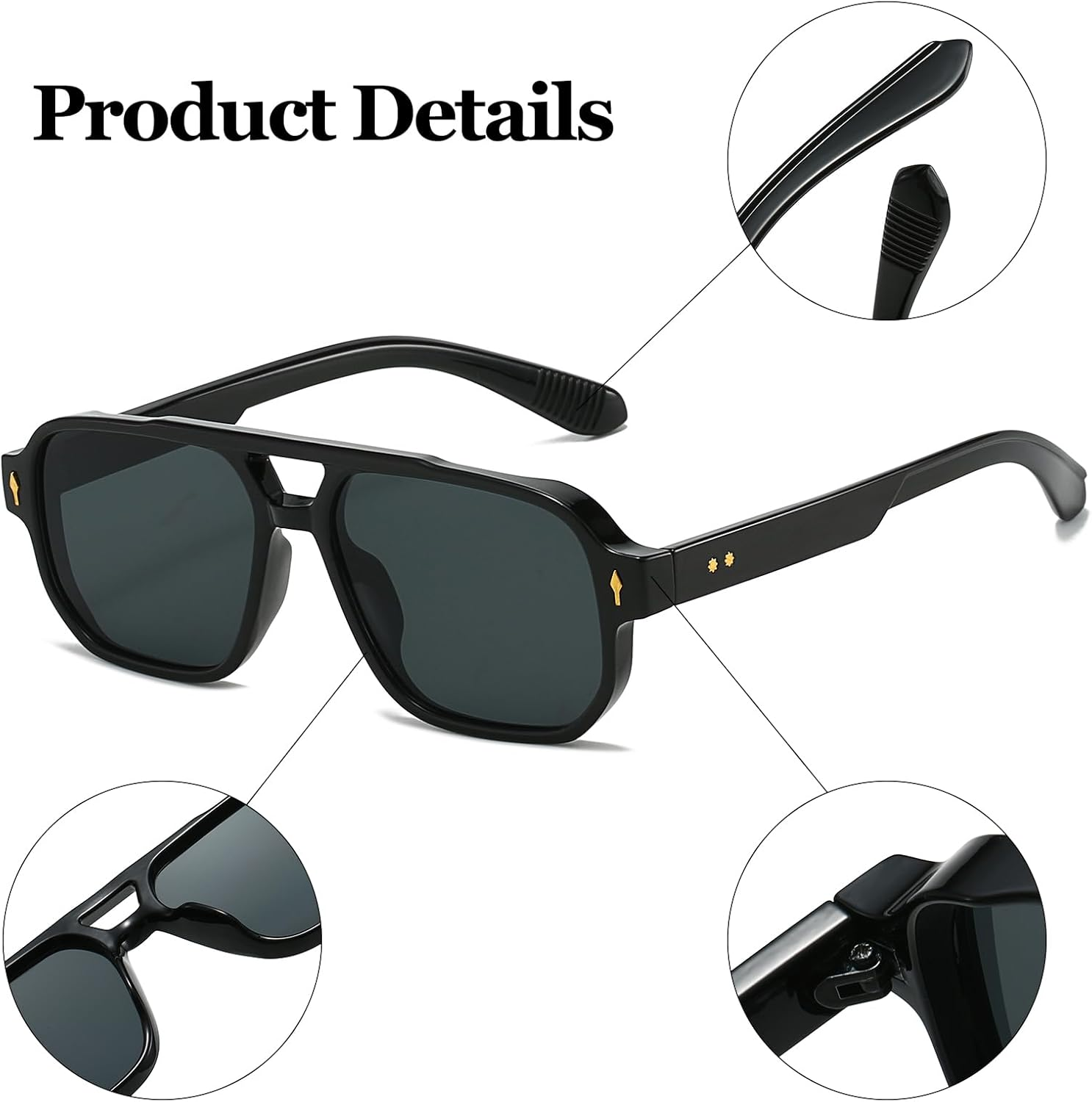 LJCZKA Retro Double Bridge Sunglasses for Women Men, Square Sunglasses 70S Vintage Shades UV400 Protection image number 3
