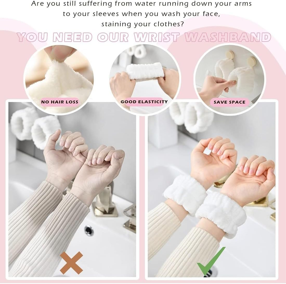 2 Pairs of Spa Wrist Wash Bands, Face Wash Bracelets, Coral Absorbent Bracelet for Washing, Pink + White, for Women, Prevents Spilling of Liquid image number 3