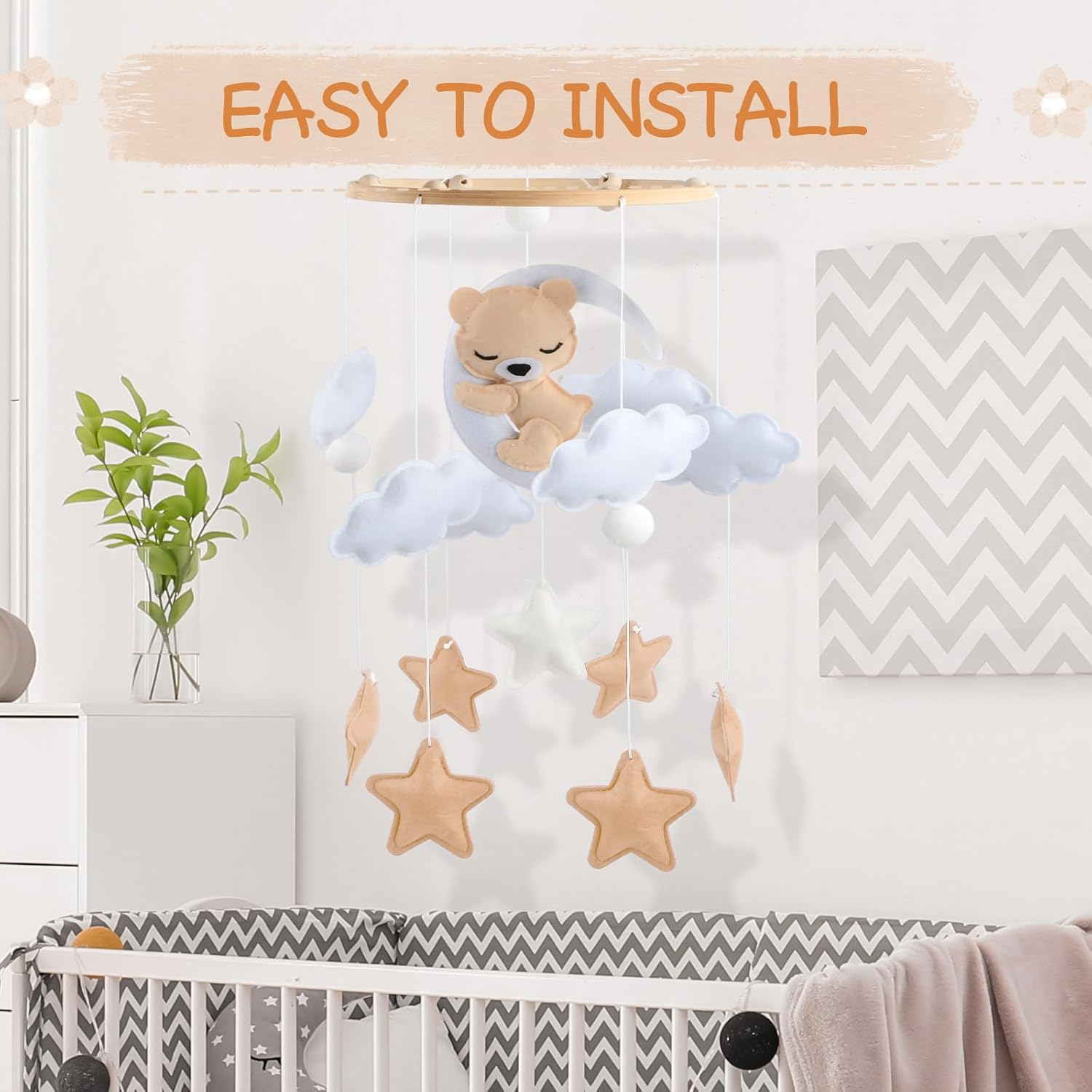 Felt & Wood Baby Mobile for Baby Cot - Snoozing Bear, Handmade, Montessori Hanging Mobile, Sensory Toy for Newborns, Nursery Decoration, Baby Shower Gift (Brown) image number 4