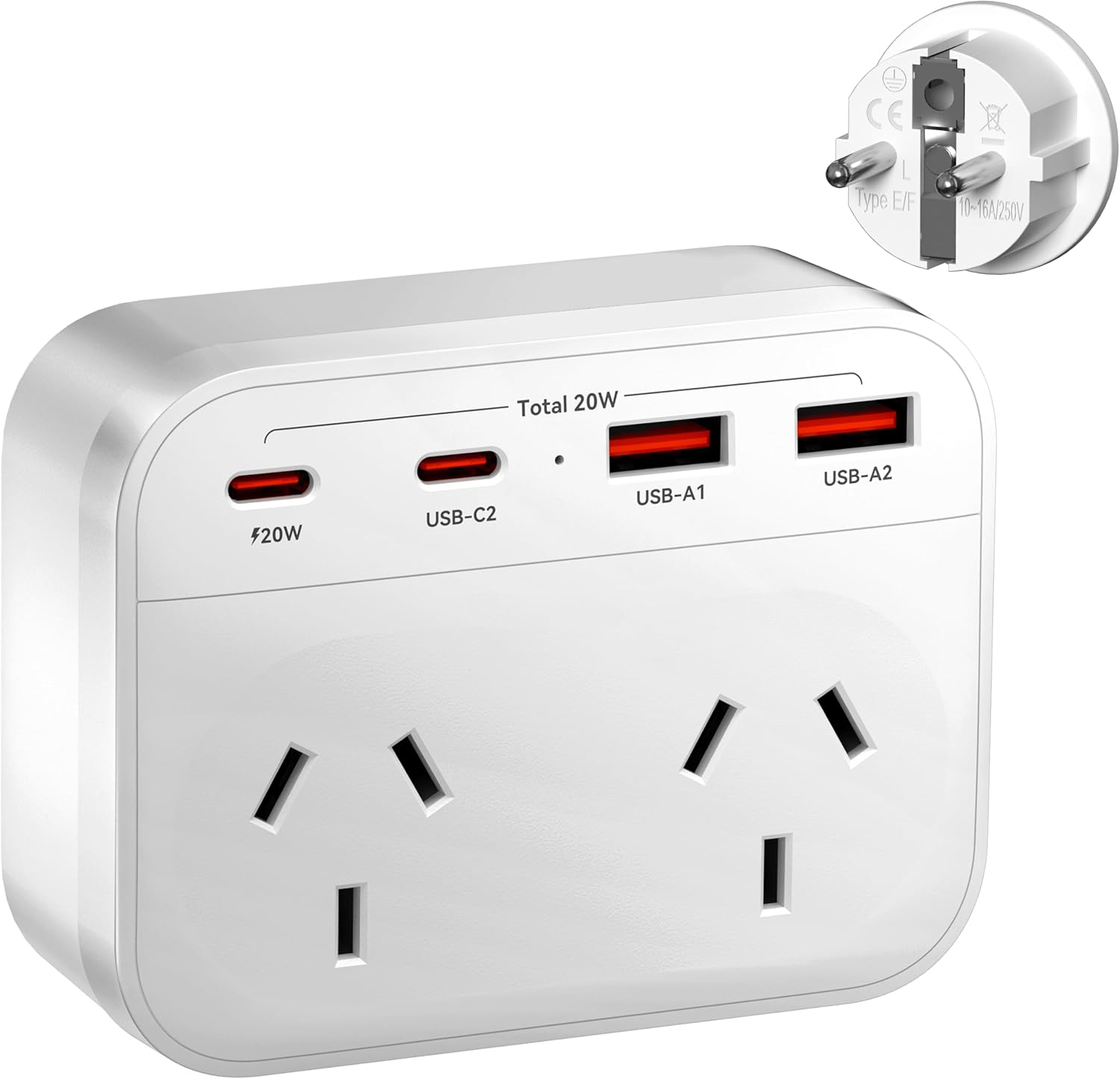 Dawntress Australia to Europe Travel Adapter - EU Travel Adapter with 4 USB Charger, USB-C Outlet Adaptor Power Point，European Travel Adapter for Bali Spain Germany France Portugal Greece Netherlands image number 6