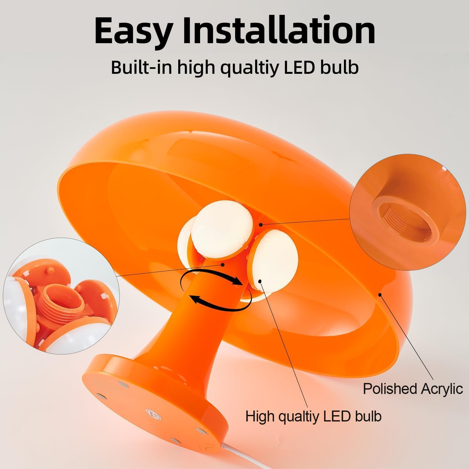 Orange Mushroom Lamp, Vintage Table Lamp, Mid Century Modern Retro Mushroom Style,Cordless Touch Lamps Bedside Charging Model,Dimmable for Bedrooms Living Room Home Decor(Touch Adjustable Version) image number 4