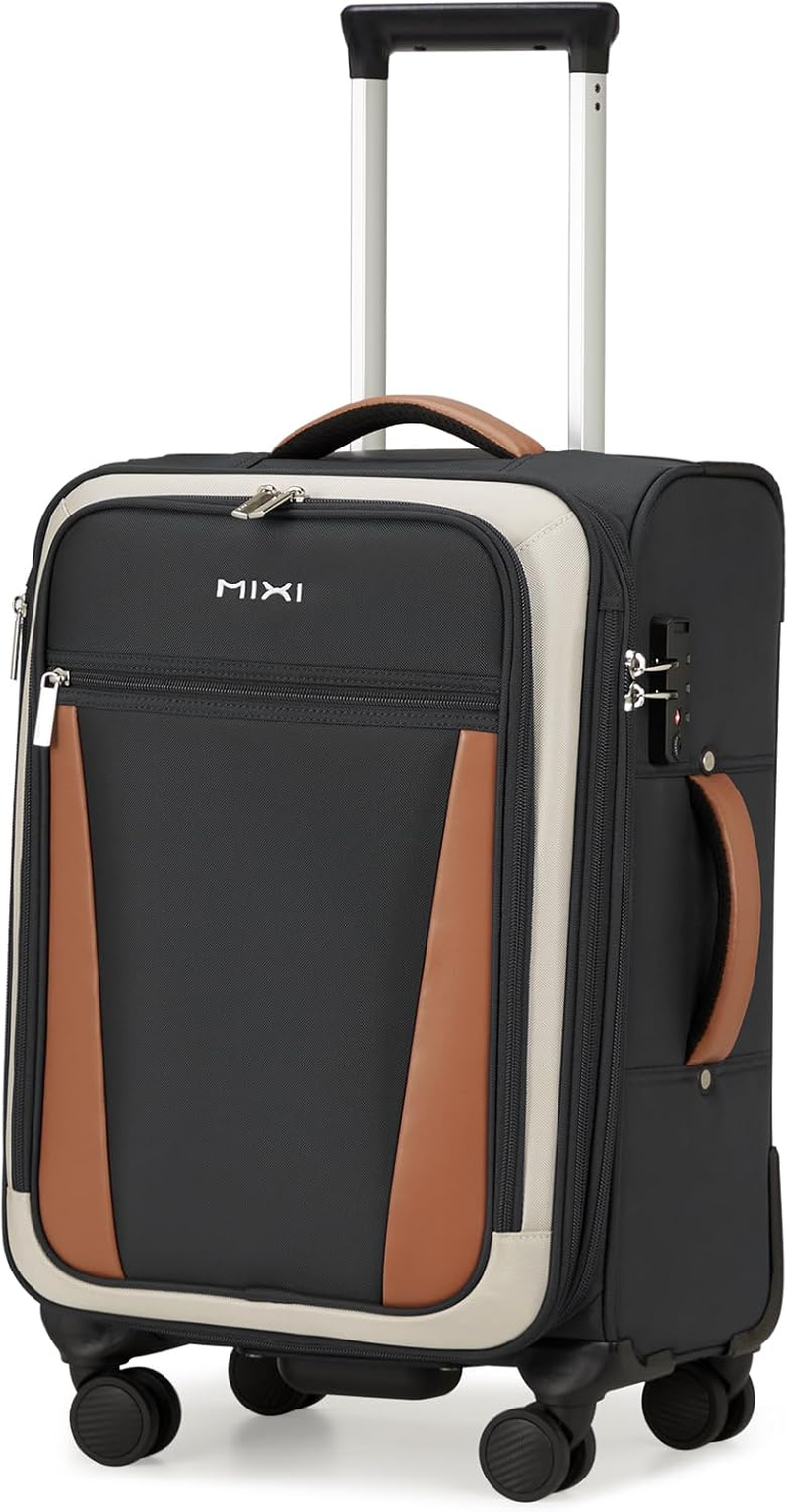 Mixi Luggage Softside Expandable Suitcase with Front Laptop Pocket, Black, 20-Inch Carry On