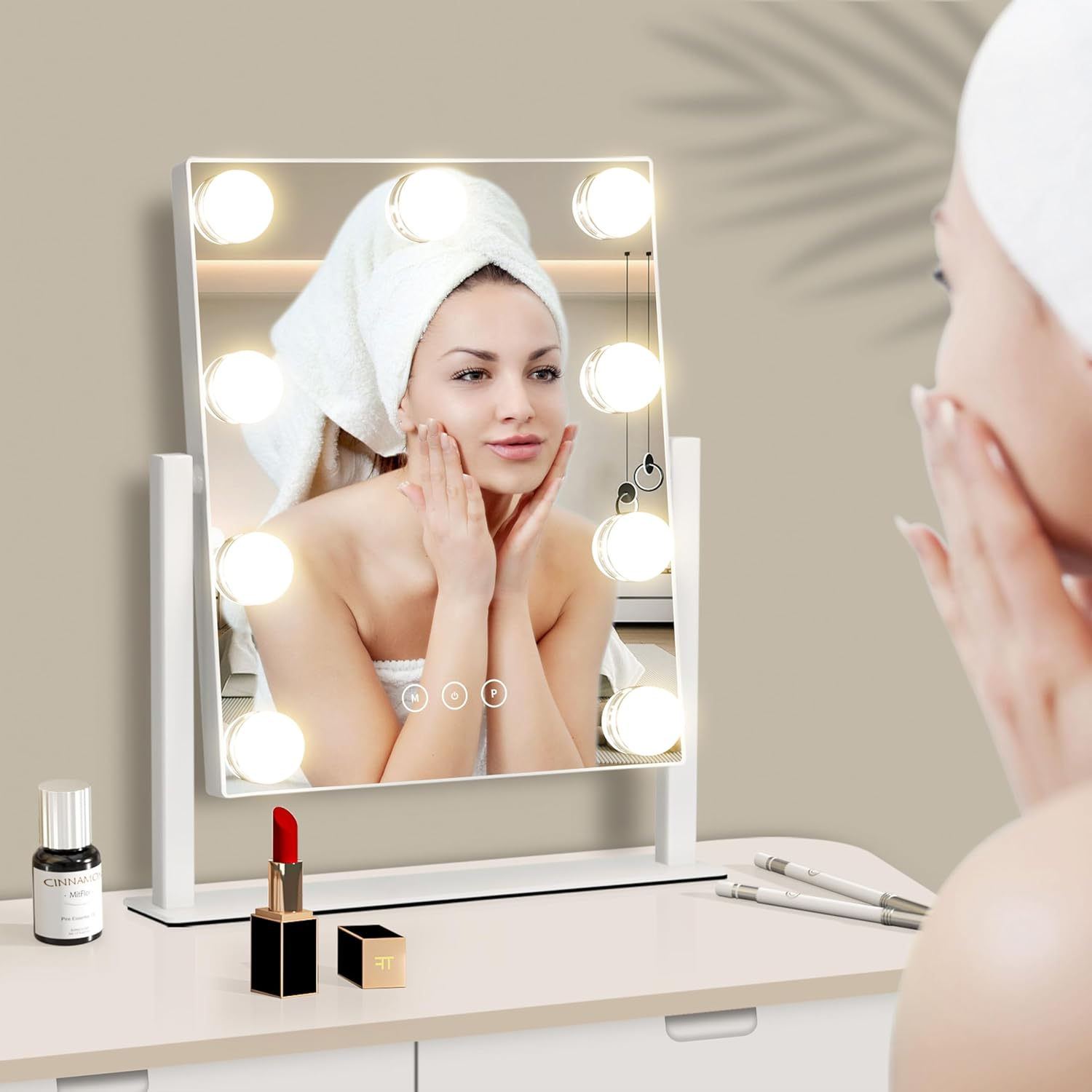 NUSVAN Vanity Mirror with Lights, Makeup Mirror with Lights,3 Color Lighting Modes Detachable 10X Magnification Mirror Touch Control,360&deg;Rotation, White. - Black-9 Bulbs image number 5