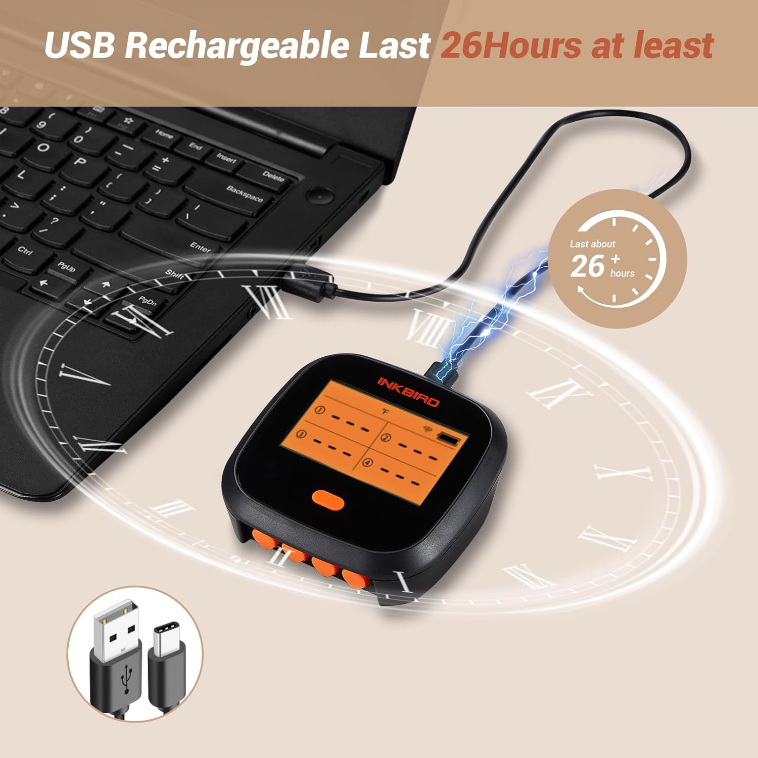 Inkbird Wifi Grill Thermometer IBBQ-4T, Rechargeable Wireless BBQ Thermometer with 4 Probes, Calibration, Timer, High and Low Alarm, Digital Meat Thermometer for Smoker, Oven, Kitchen, Drum image number 6