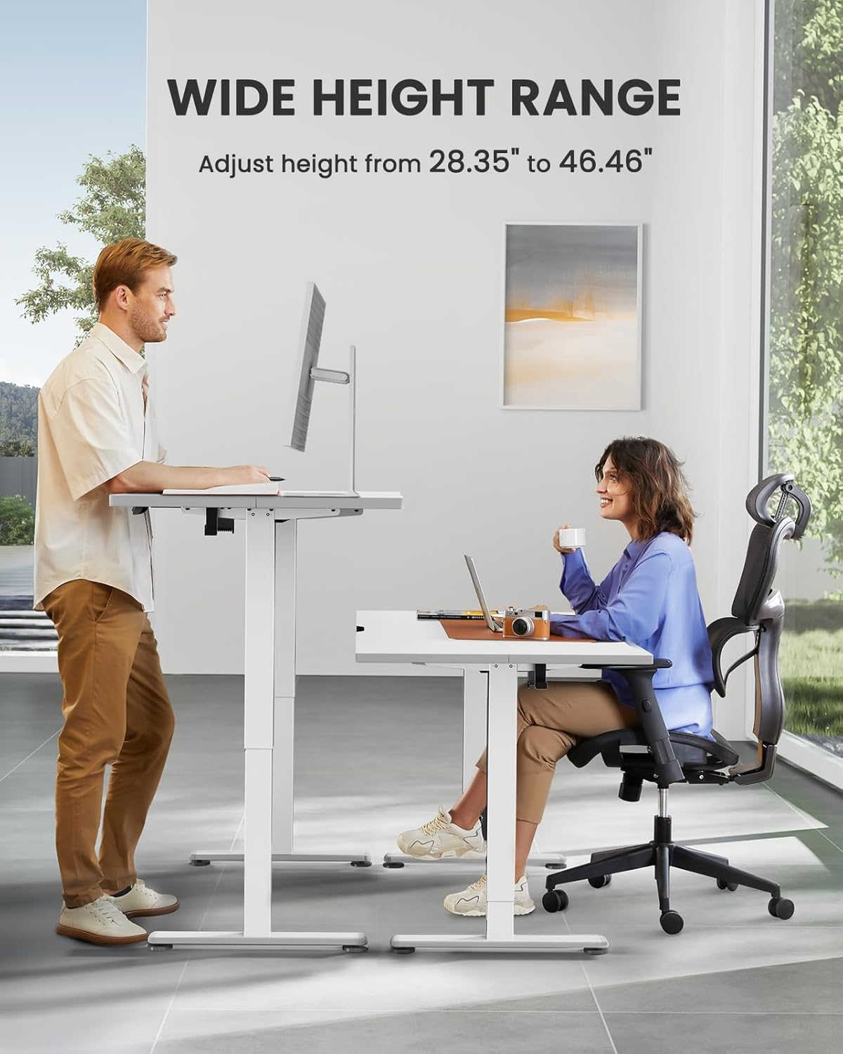 Ergear Electric Standing Desk, 140 X 70 Cm Standing Desk, Height Adjustable Desk with 3 Memory Height Settings, Sit Stand Desk with 2 Hanging Hooks & Cable Management (White)- EGESD6W - Natural image number 7