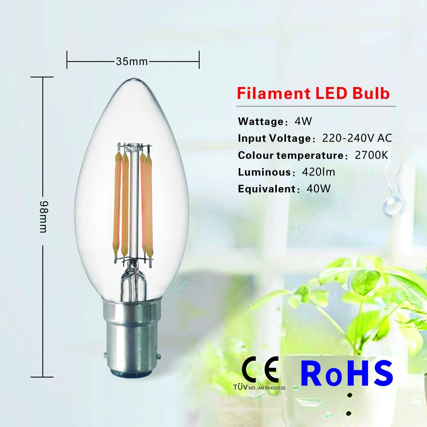 SD LUX B15 B15D Candle Bulb SBC Filament LED Candlelabra Light Bulbs Vintage Bulbs,C35 No Flicker Small Edison Bayonet- 4W (40W Equivalent) 450LM Warm White 2700K,6 Packs image number 5