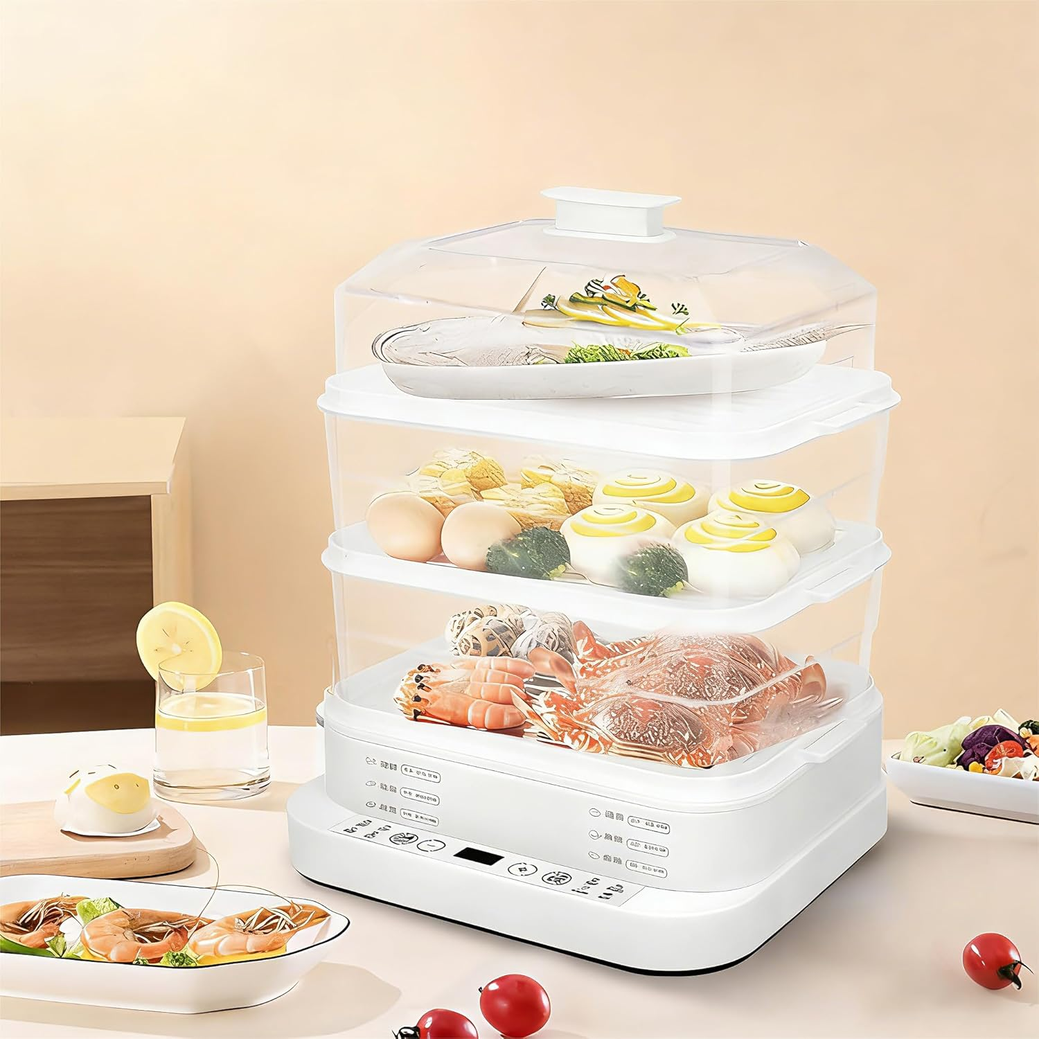 3-Tier 28L Electric Food Steamer, 800W, 220V, 50Hz, White, 320X285X400Mm, 12-Hour Smart Reservation, Multi-Function Steaming for Vegetables, Eggs, Chicken, Seafood image number 2