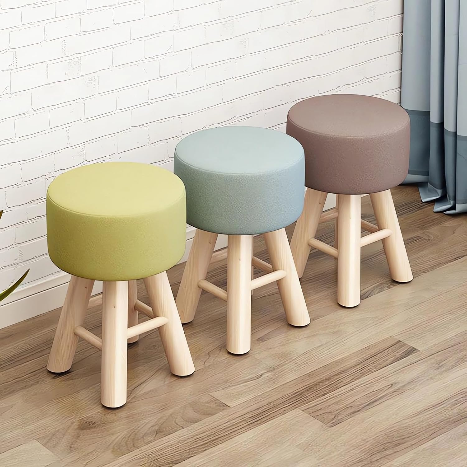 Round Ottoman Footstool, 28 X 28 X 42 Cm, Wooden Legs, Fabric Cushion Top A269 (Green) image number 2