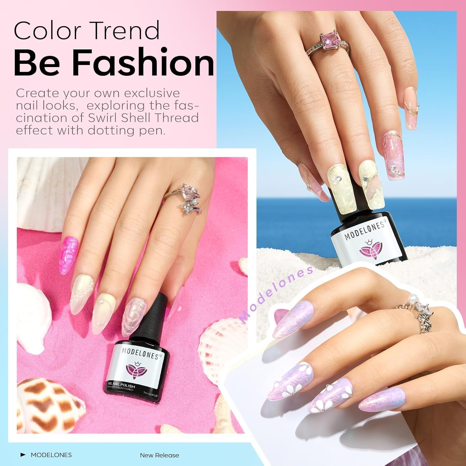 Modelones Pearl Gel Nail Polish Set, 6 Colors Ocean Shimmer White Hot Pink Purple Blue Green Mermaid Glitter Gel Polish Soak off Nail Drawing Nail Gel Polish Swirl Shell Thread Effect DIY Gift image number 5