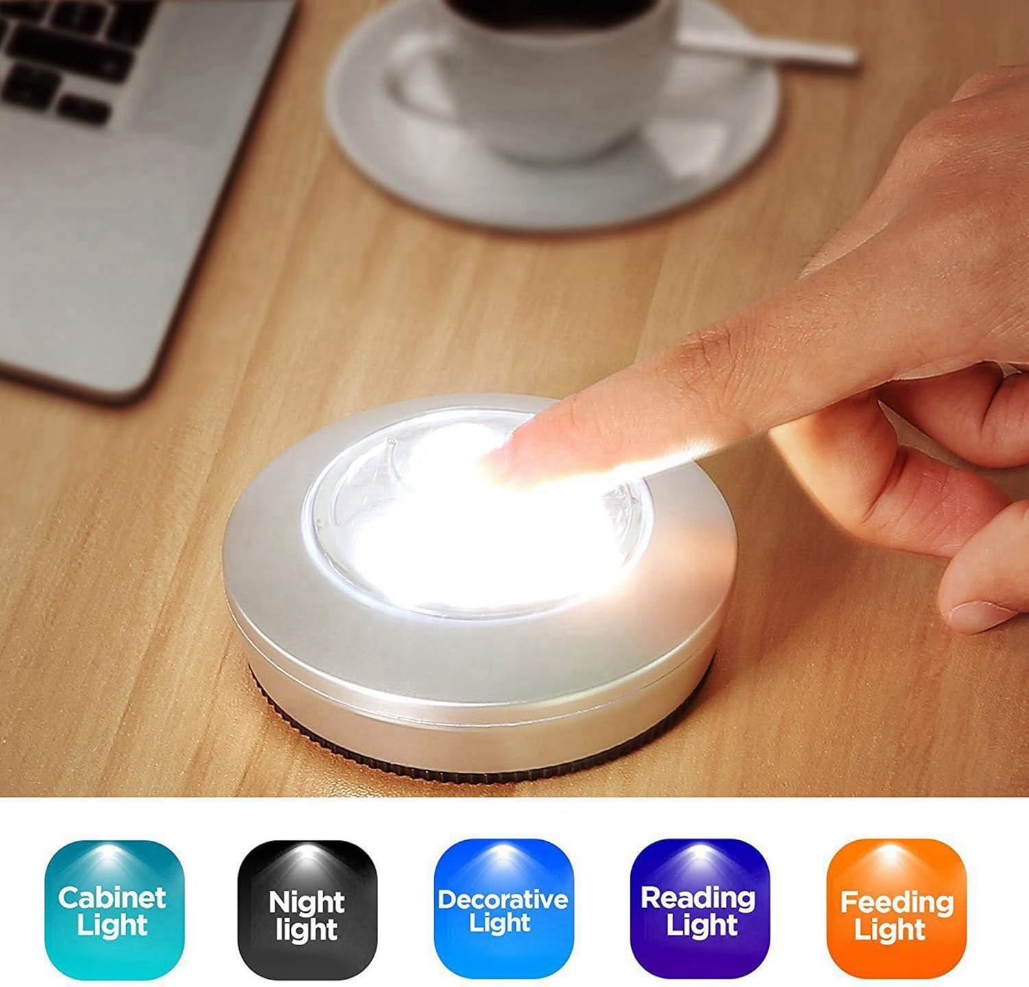 10 Pack LED Battery-Powered Wireless Night Tap Press Lamp Stick-On Push Safe Lights for Hallway Closets Cabinets, Silver/754 image number 1