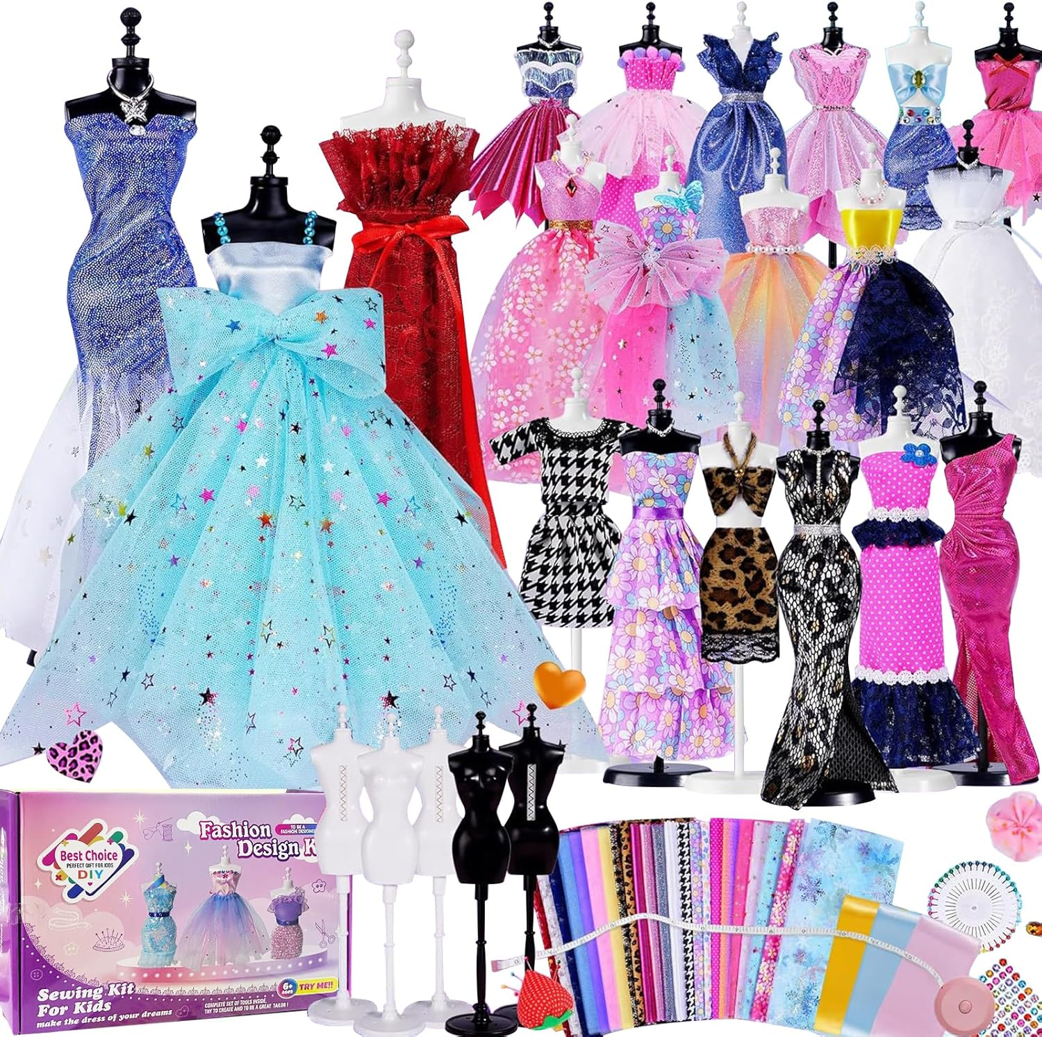 MEIYUETAOSI 600+ Pcs Fashion Design Kit for Girls, Creativity DIY Arts and Crafts Sewing Kit, Doll Clothes Sewing with Mannequins for Kids Ages 8-12+ Birthday Girls Gift