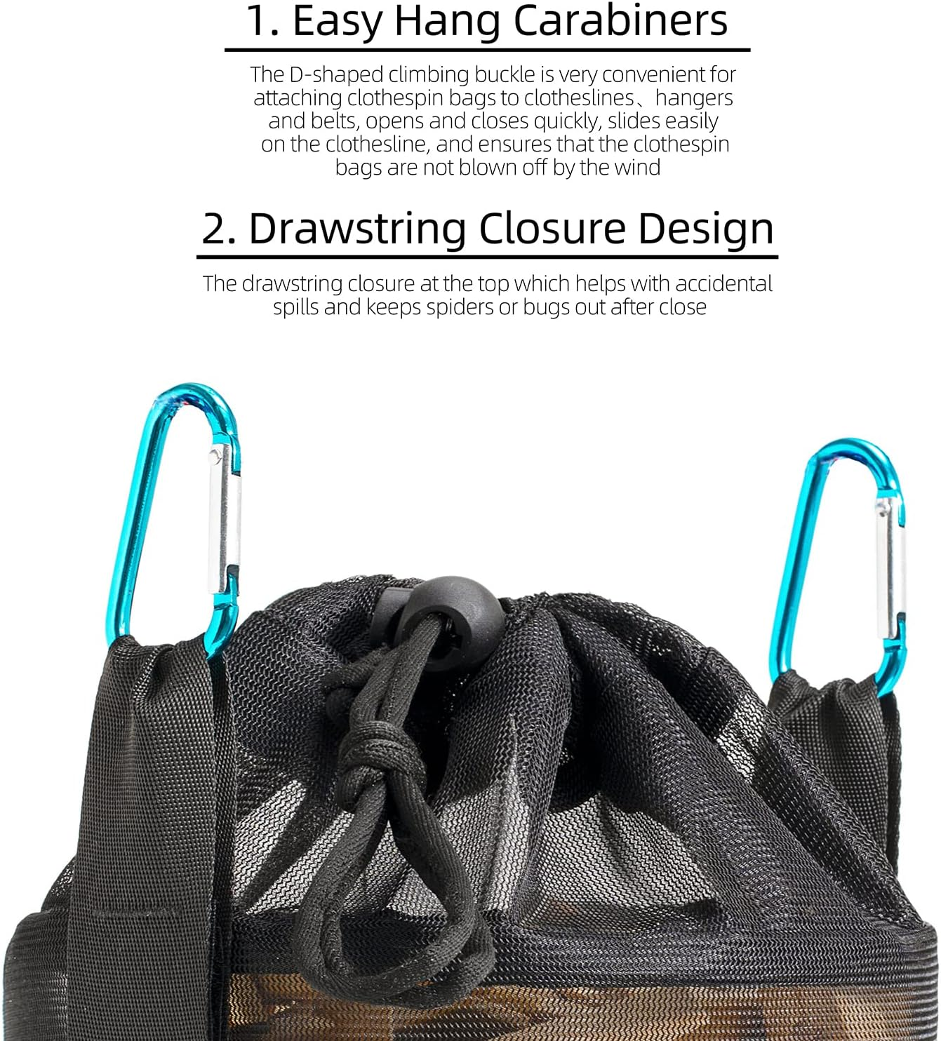 Mesh Clothespin Bag Holder Outside, Multiple Hanging Methods Clothes Pin Bag with Drawstring Closure, Ventilation and Moisture Resistance, Large-Capacity Clothespin Storage Organizer with Hooks image number 2