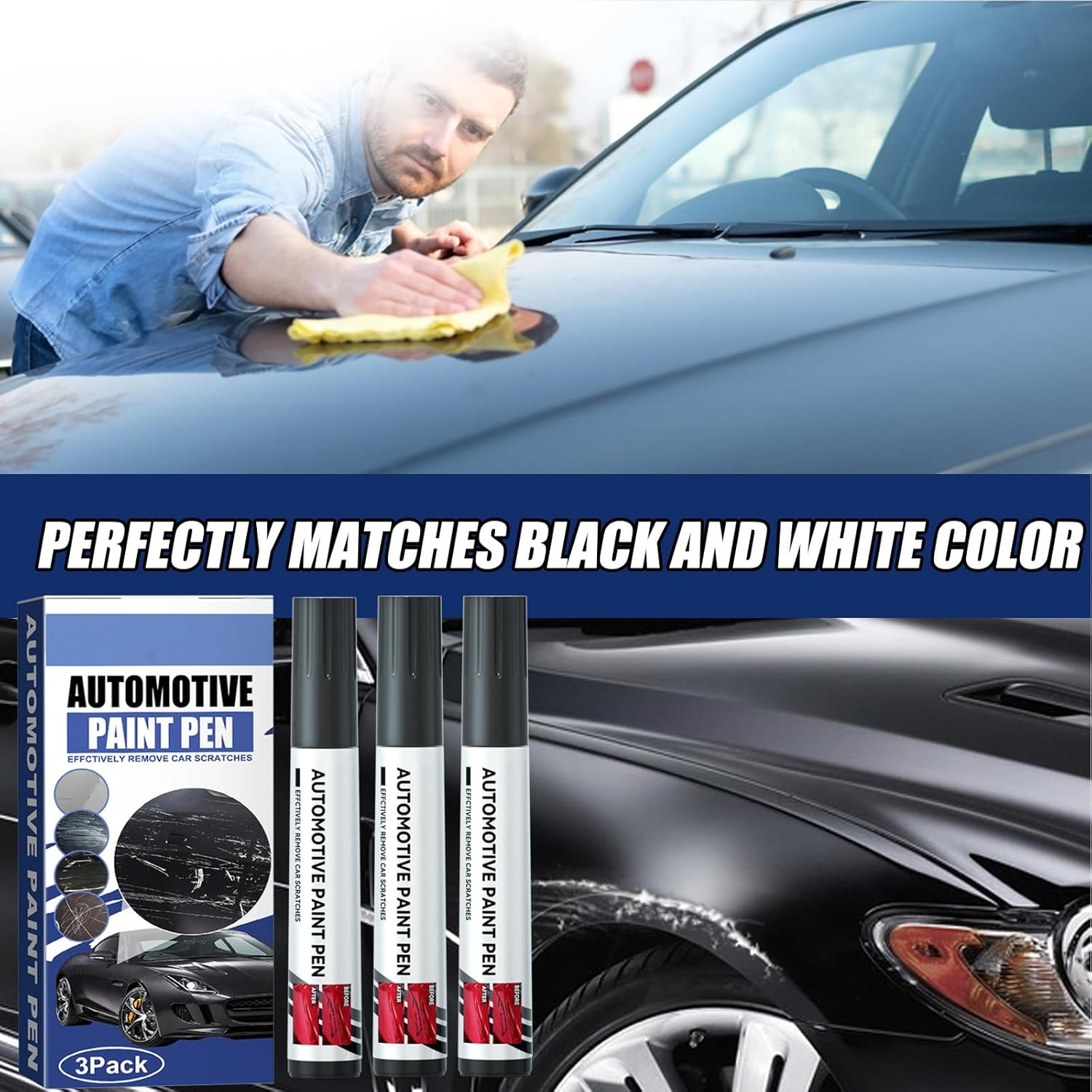 POKITA X 2 in 1 Car Touch up Paint Pen Set (3 PCS) &ndash; Exact Color Match for Black & White Cars, Quick Fix for Scratches & Paint Damage, Waterproof, Quick Drying & Safe, Upgraded Soft Pen Tip (BLACK) image number 1