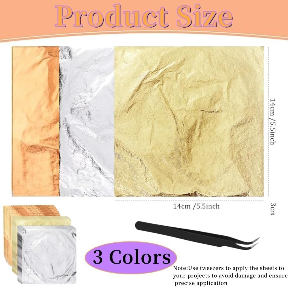Gold Leaf Sheets for Art, 100 Sheets, Gold/Silver/Rose Gold, with Tweezer for Crafts, Resin, Nails (Rose Gold) - Sliver image number 5