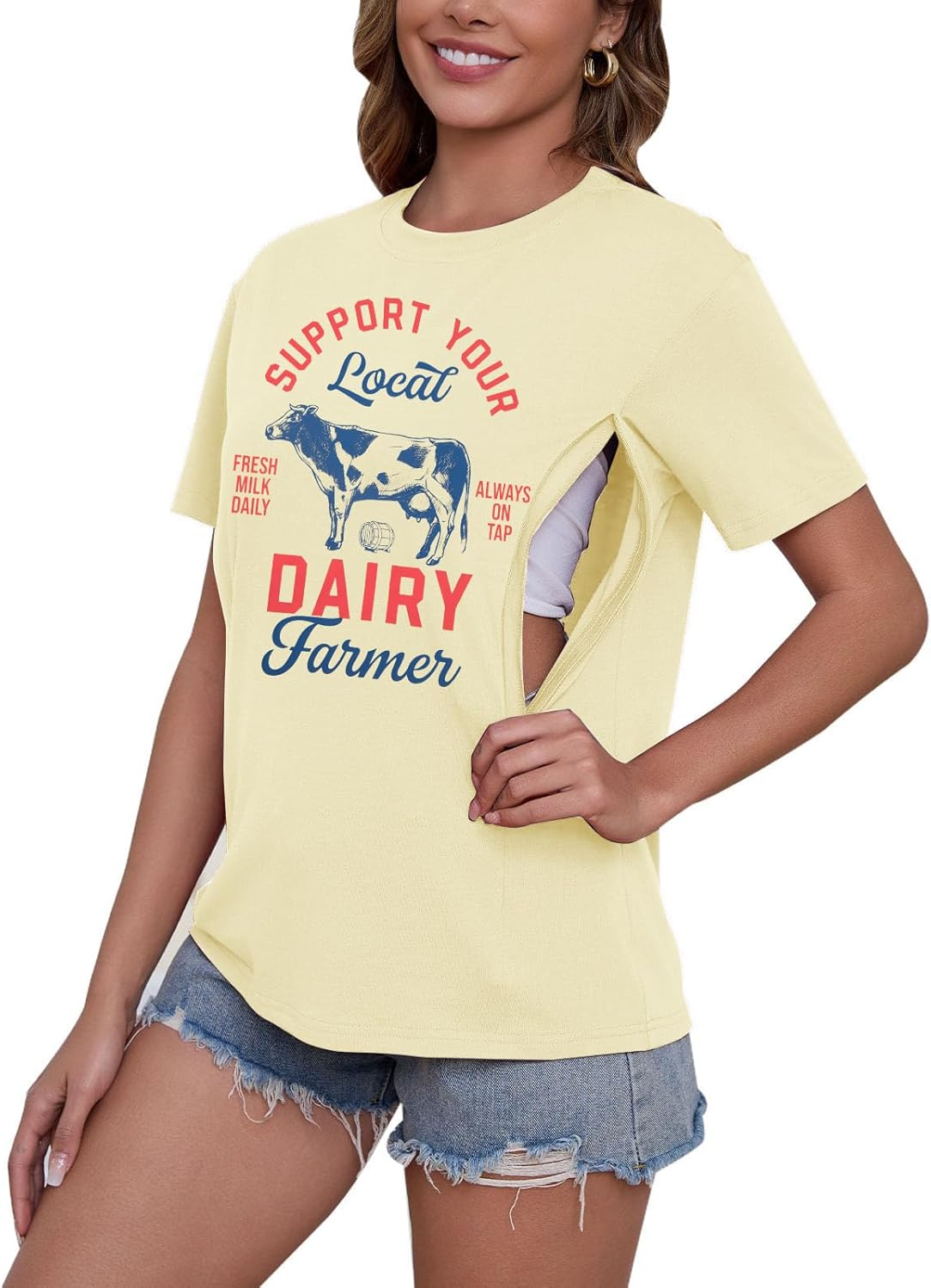 Comfort Breastfeeding Shirts for Women Zip Nursing Tops Causal Distressed Acid Washed Maternity Tees