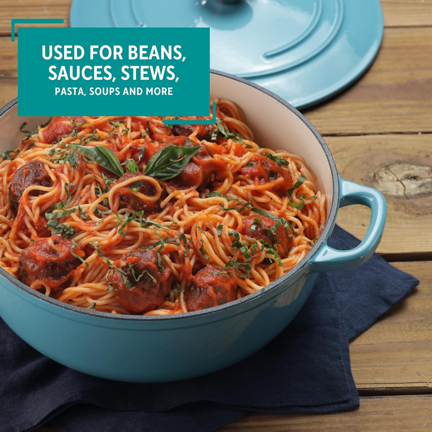 Mirro MIR-19063 4.8 Quart Cast Iron White Enamel Coated Interior Dutch Oven, Teal, Ready to Use image number 2