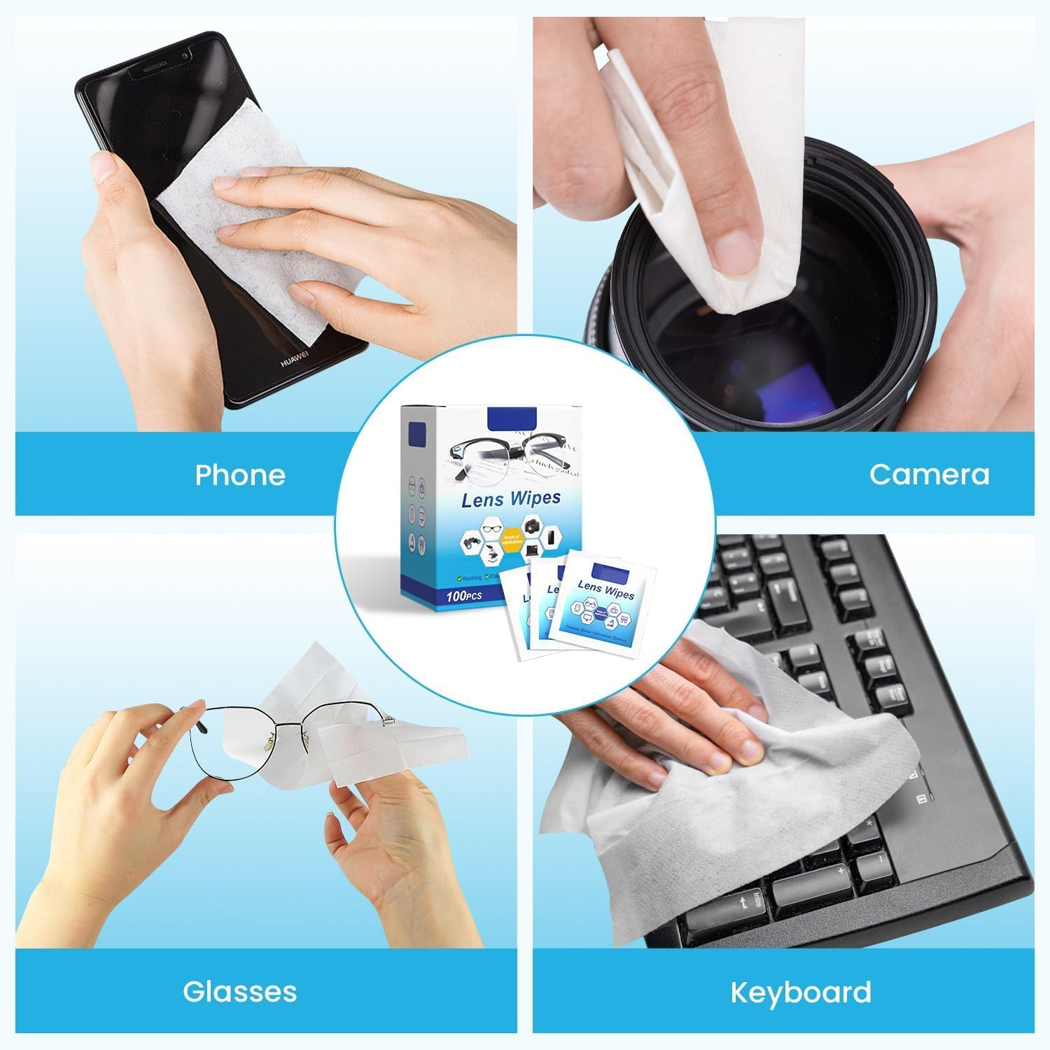 Lens Wipes, 100 Pack Pre- Lens Cleaning Wipes for Eyeglasses, Eyeglass Wipes Moistened Individually Wrapped Sracth-Free Eye Glasses Cleaner Wipes for Camera Lens,Sunglass, Goggles image number 5