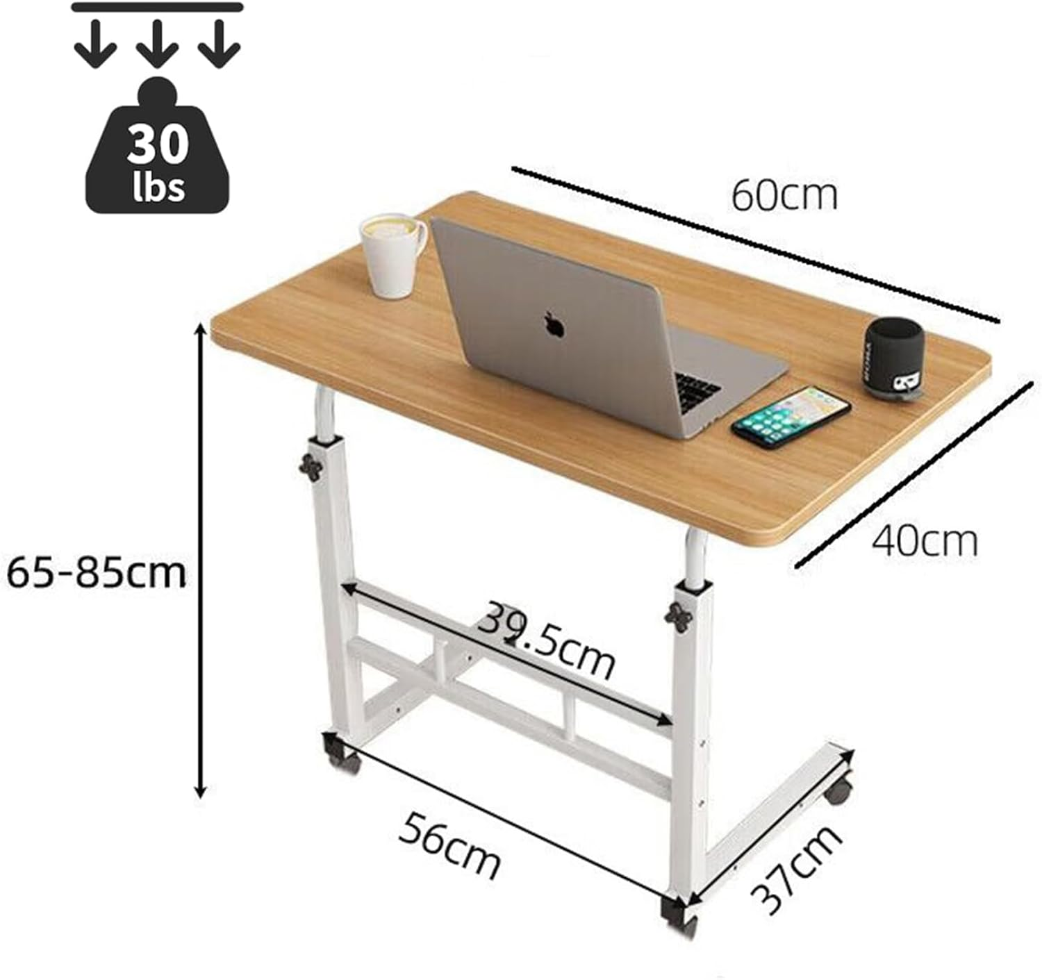 Overbed Bedside Table with Wheels, Adjustable Hospital & Home Use Bed Table, Rolling Laptop Table, Movable Standing Desk, 60Cmx40Cm (Black)