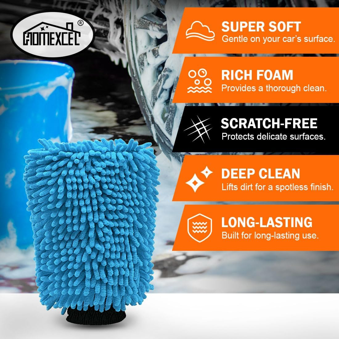 HOMEXCEL Car Wash Mitt, 2PK Chenille Microfiber Wash Mitt, Scratch-Free & Lint-Free, Rich Foam, Highly Absorbent, Double Sided, Perfect for Car Washing and Detailing, 10.2" X 6.7 ", Blue image number 1
