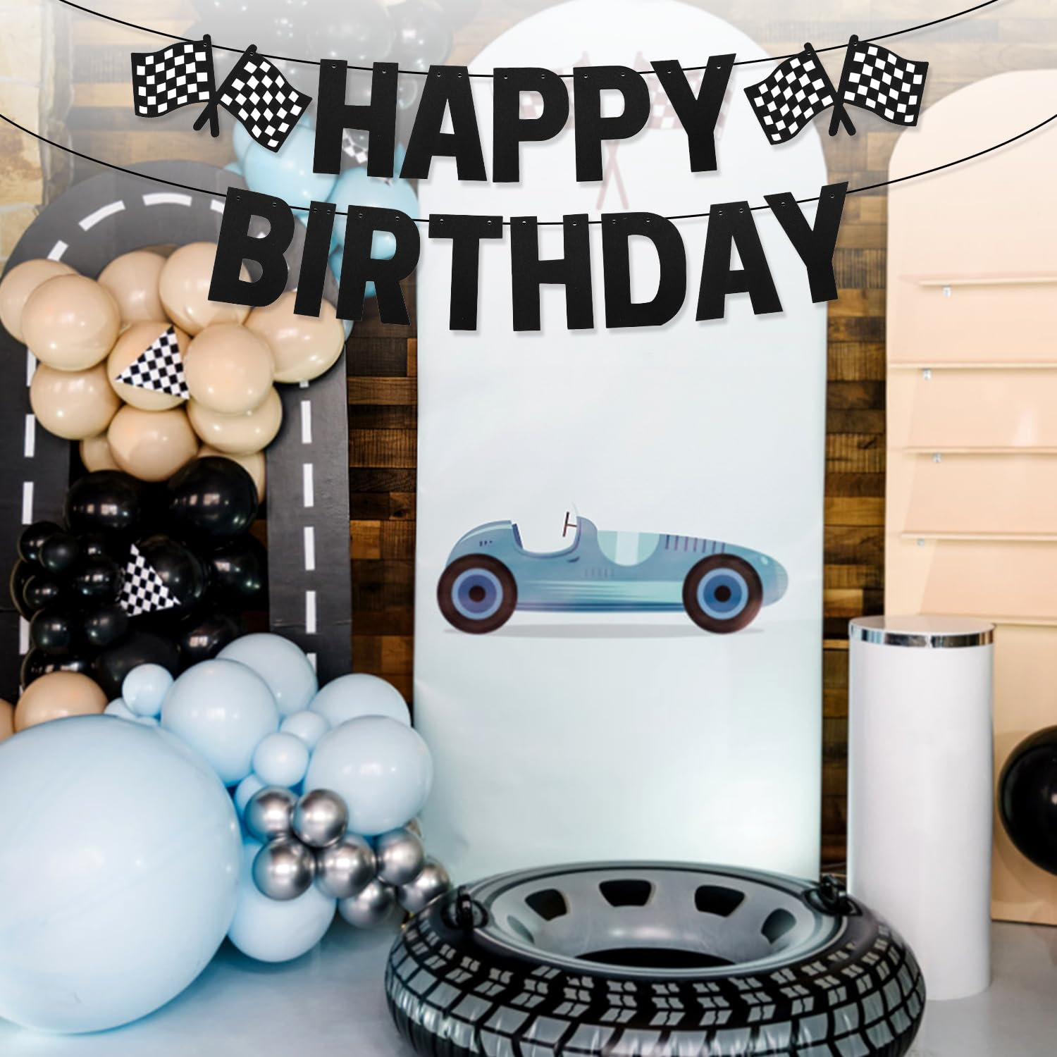 Race Car Happy Birthday Banner, Checkered Flag Banner Black Racing Birthday Banner Cars Birthday Decorations for Themed Birthday Party Supplies image number 2