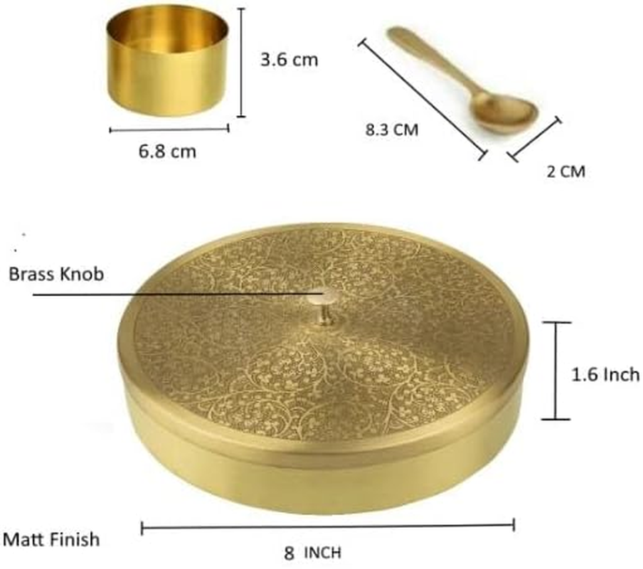 KAM HOME Brass Masala Box Set with Brass Spoon Container 90 Ml-Food Spice Storage Rack Indian Spice Boxes Storage Box Masala Dani Brass Masala Dabba -Kitchen Storage Spice Rack (8-INCH) image number 3
