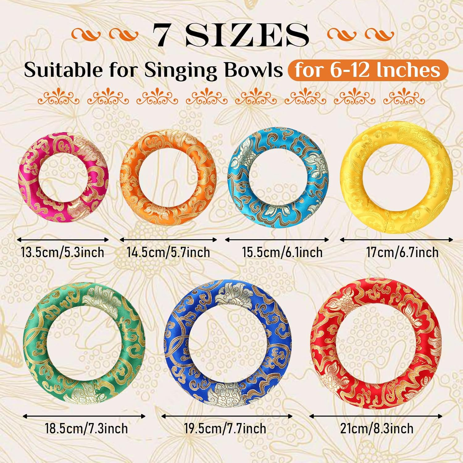 Barydat 7-Piece Silk Singing Bowl Cushion Set - 7 Sizes (13.5-21Cm), Multi-Colored, for 6-12 Inch Bowls image number 3