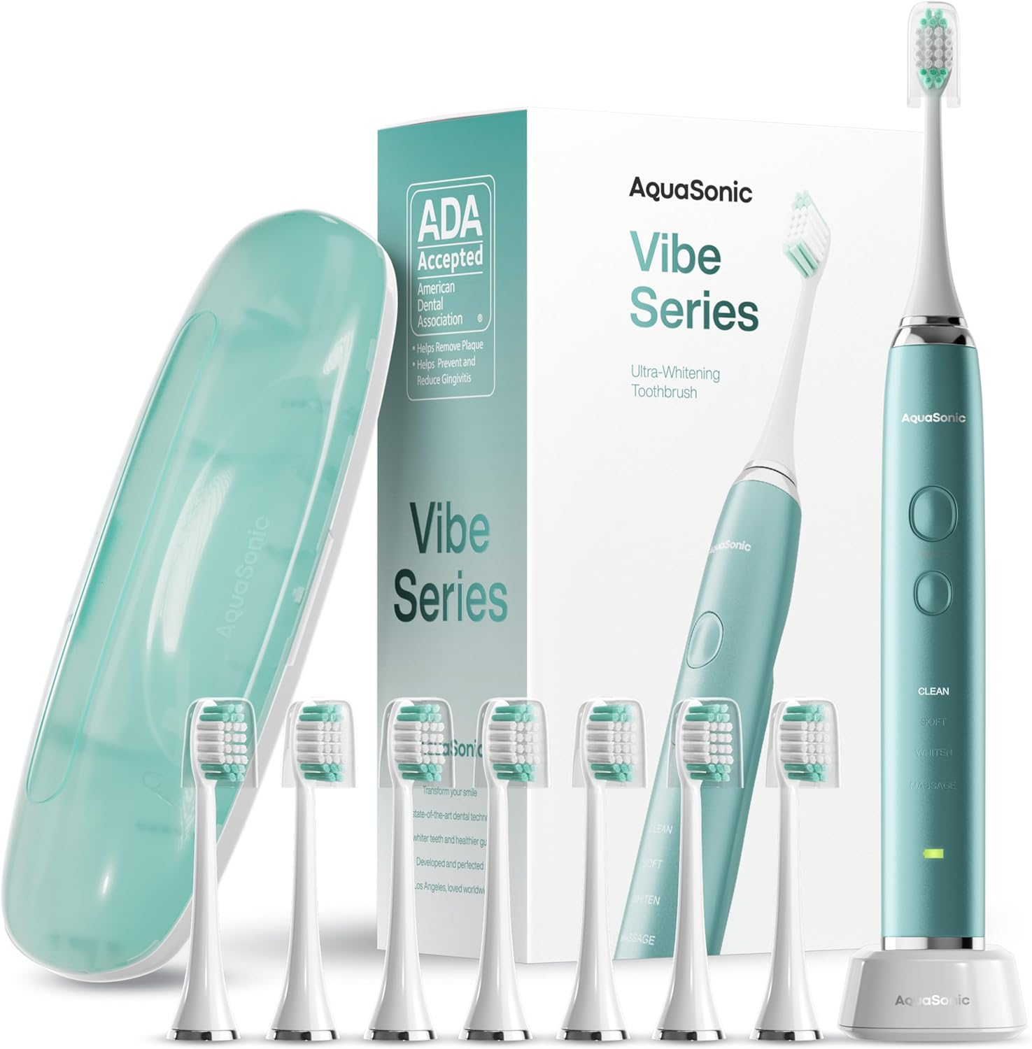 Aquasonic Vibe Series Ultra-Whitening Toothbrush &ndash; ADA Accepted Power Toothbrush - 8 Brush Heads & Travel Case &ndash; 40,000 VPM Motor & Wireless Charging - 4 Modes W Smart Timer &ndash; Mint Green Metallic