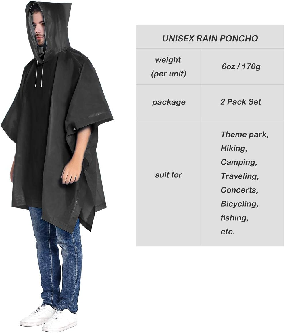 Rain Ponchos 2 Packs for Adults with Drawstring Hood - for Hiking, Backpacking, Camping or Traveling ( - Black image number 3