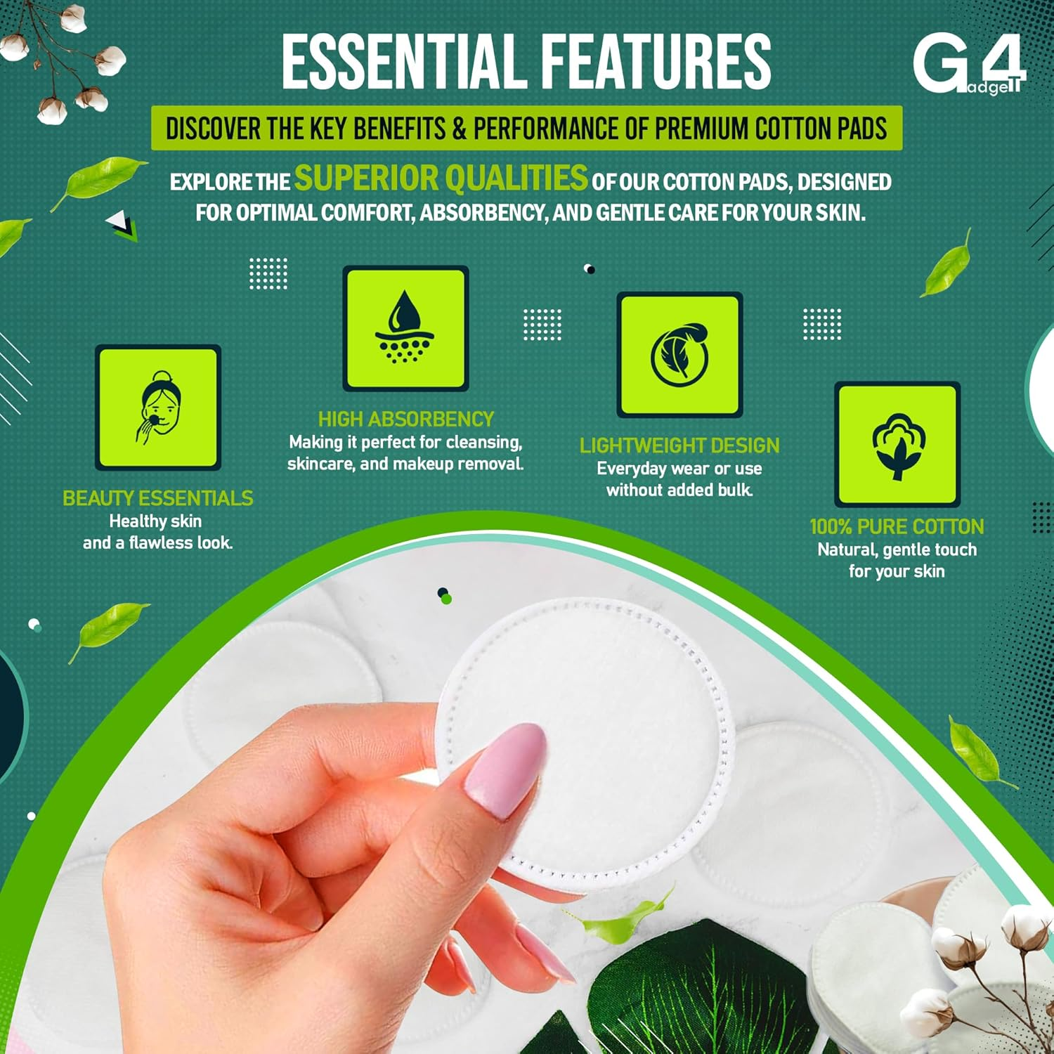 G4GADGET Cotton Pads for Face, 100% Pure Cotton Wool, Soft & Absorbent Makeup Remover Pads, Hypoallergenic, Gentle on Sensitive Skin, Ideal for Beauty & Baby Care, 100 Count image number 5