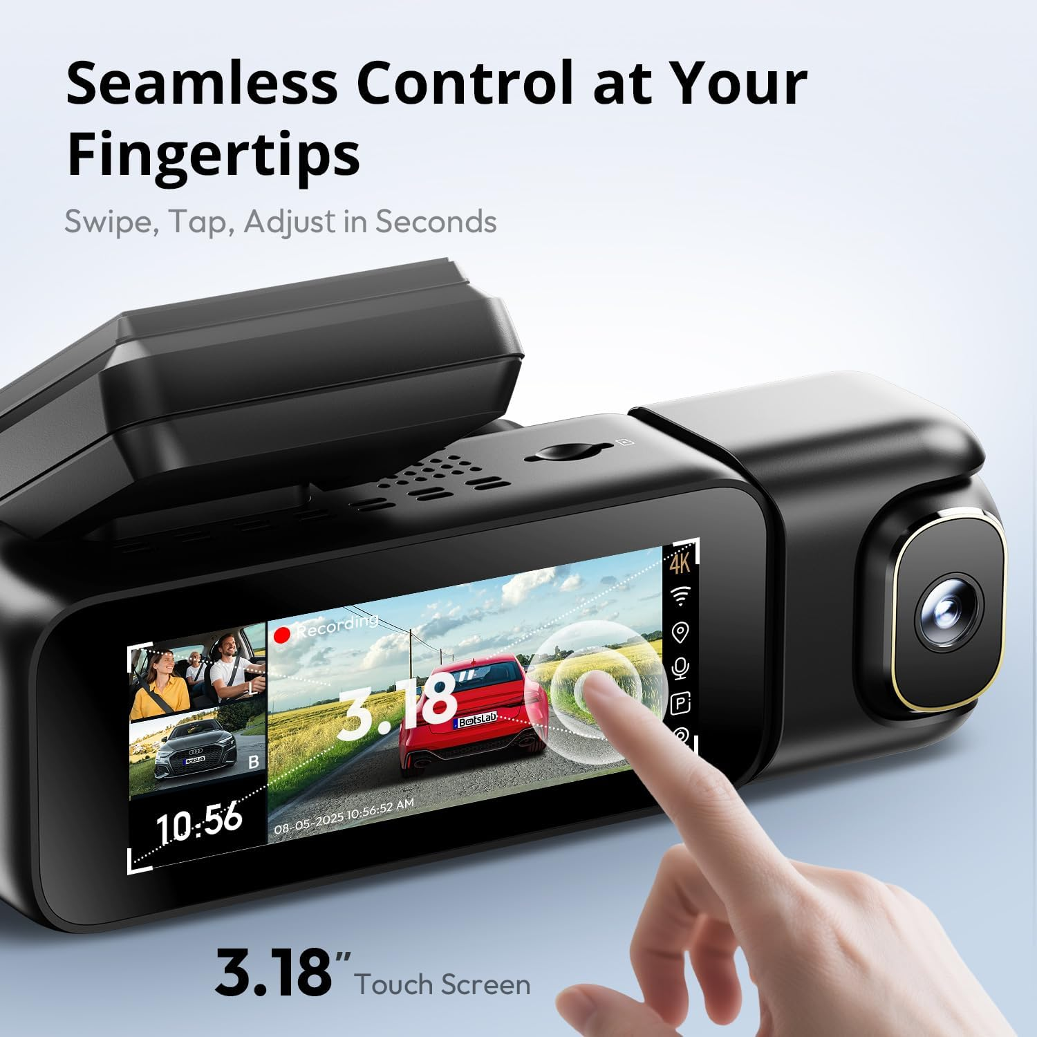 BOTSLAB 3 Channel 4K Dash Cam Front and Rear Inside, Triple Car Dash Cam with Voice Control, 3.18 Inches Touch Screen, Loop Recording, 24/7 Parking Mode, Included 128GB Memory Card image number 4